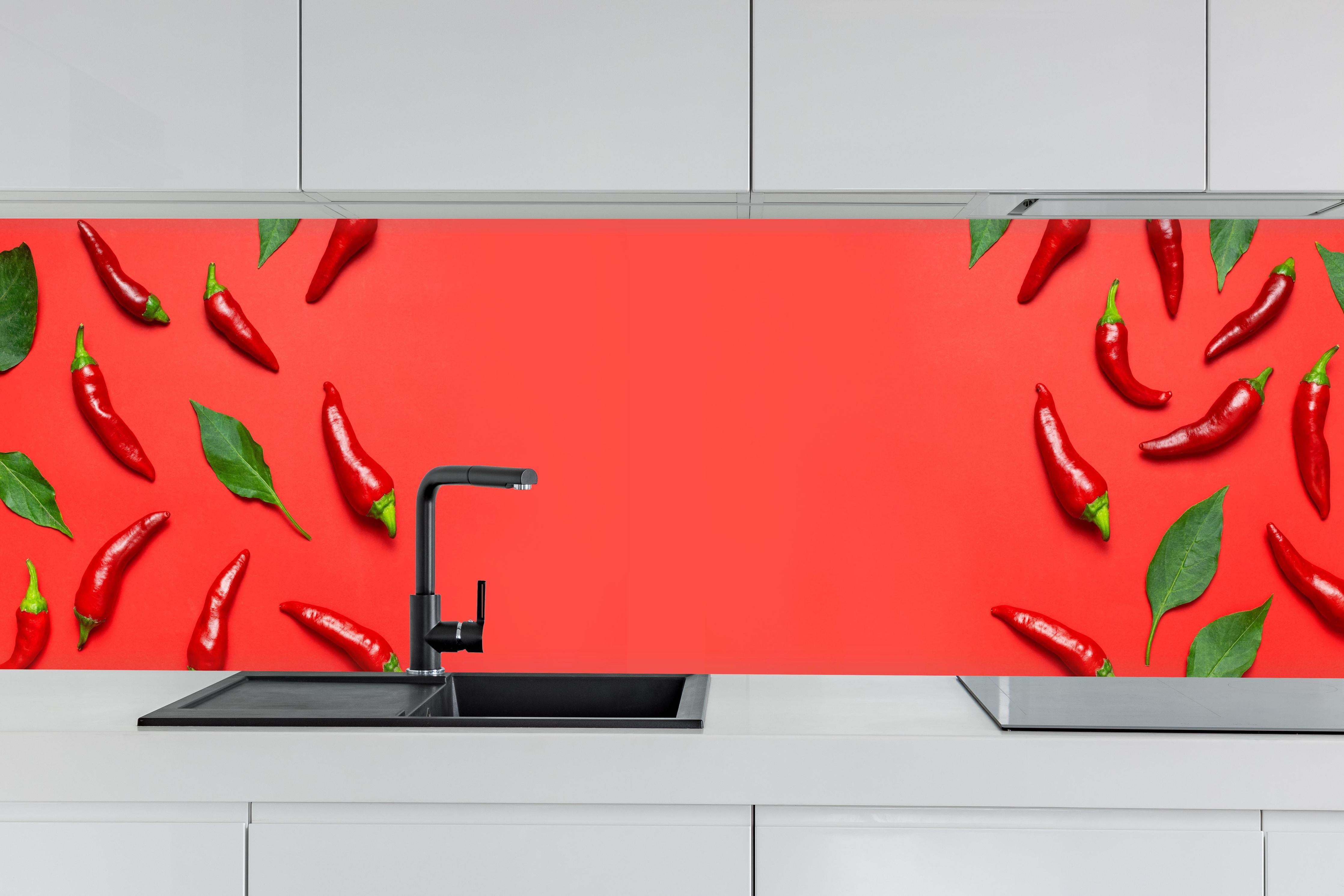 Küche - Rote Chili mit grünen Blättern hinter weißen Hochglanz-Küchenregalen und schwarzem Wasserhahn