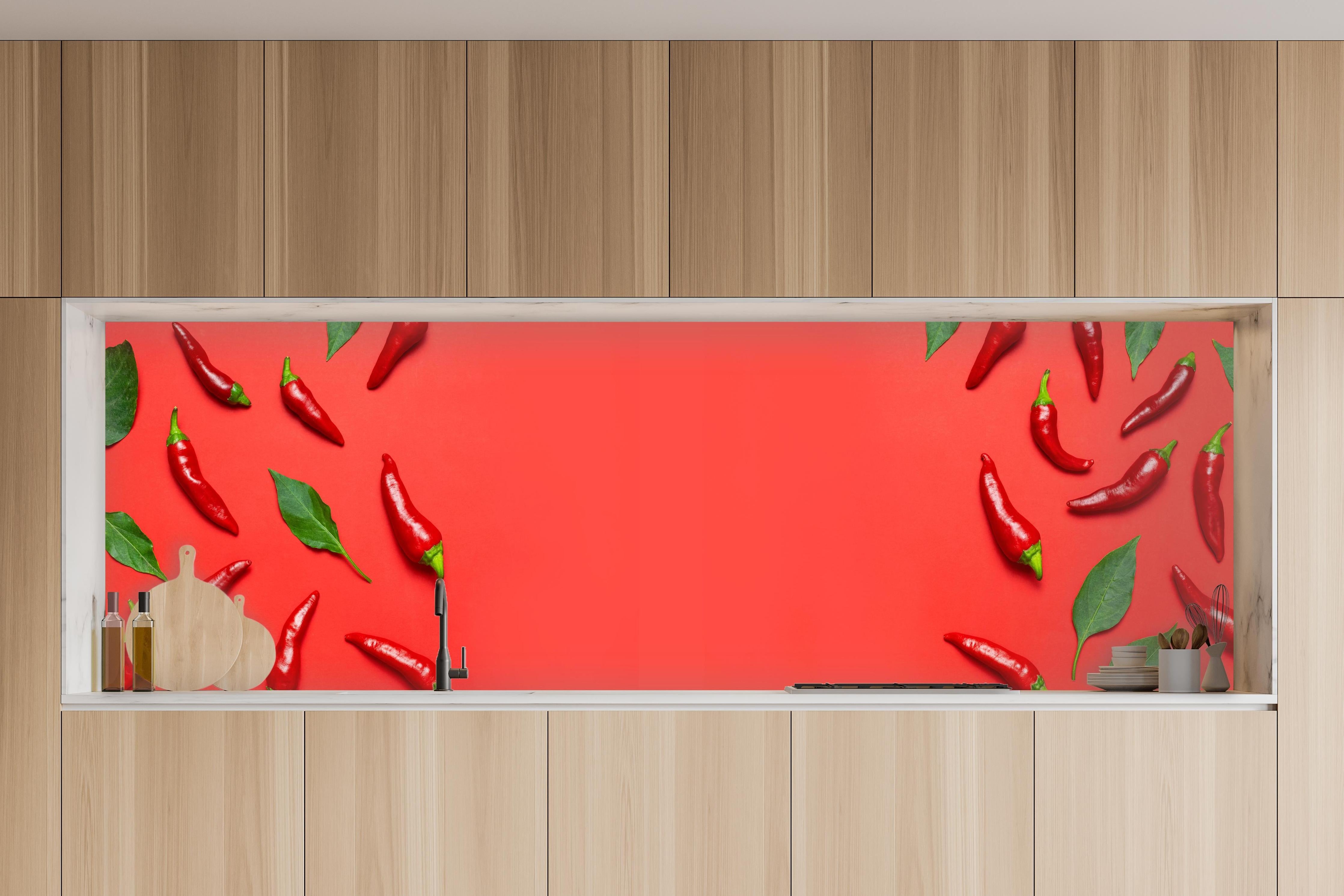 Küche - Rote Chili mit grünen Blättern in charakteristischer Vollholz-Küche mit modernem Gasherd