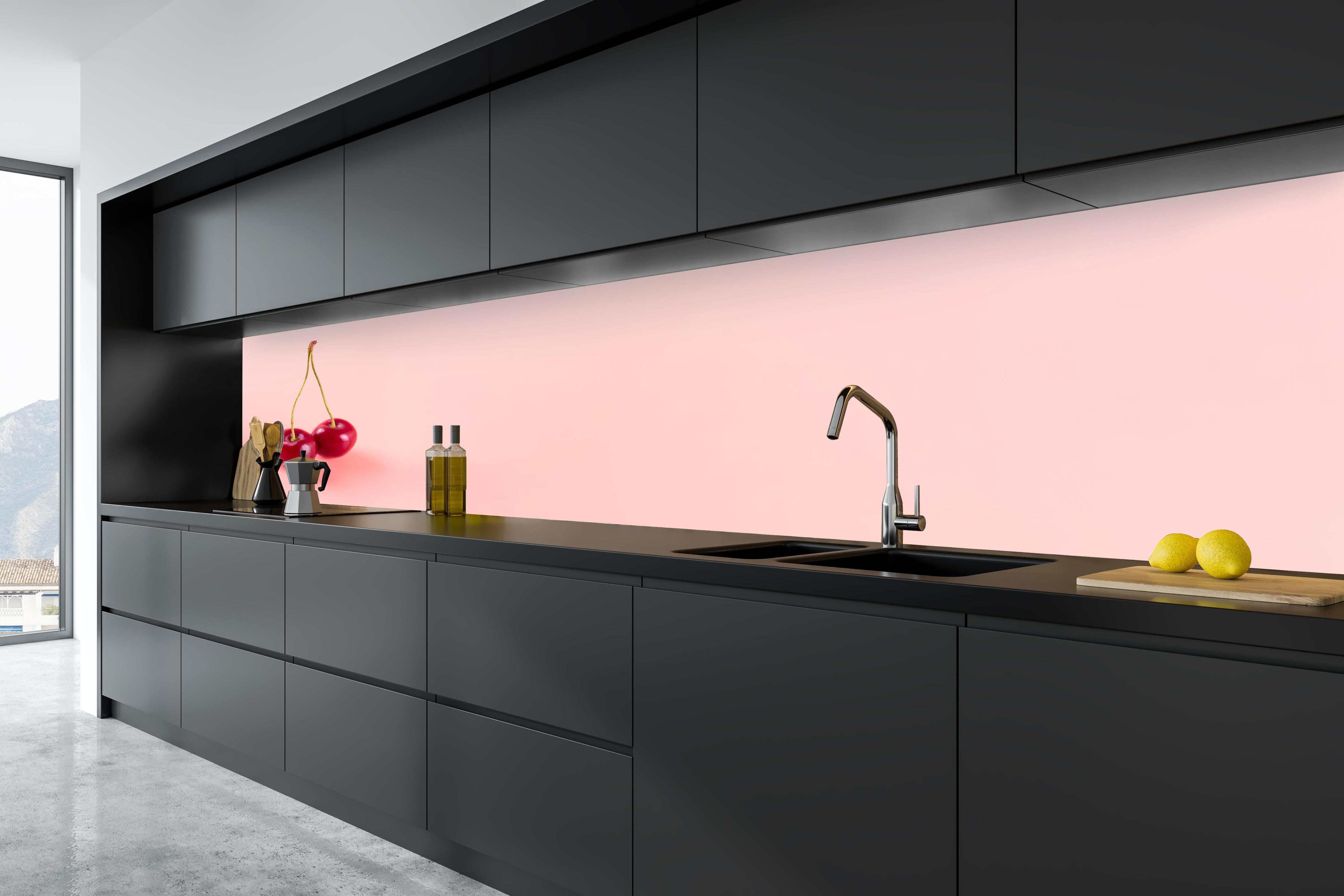 Küche - Rote Kirschen auf Rosa Hintergrund in tiefschwarzer matt-premium Einbauküche