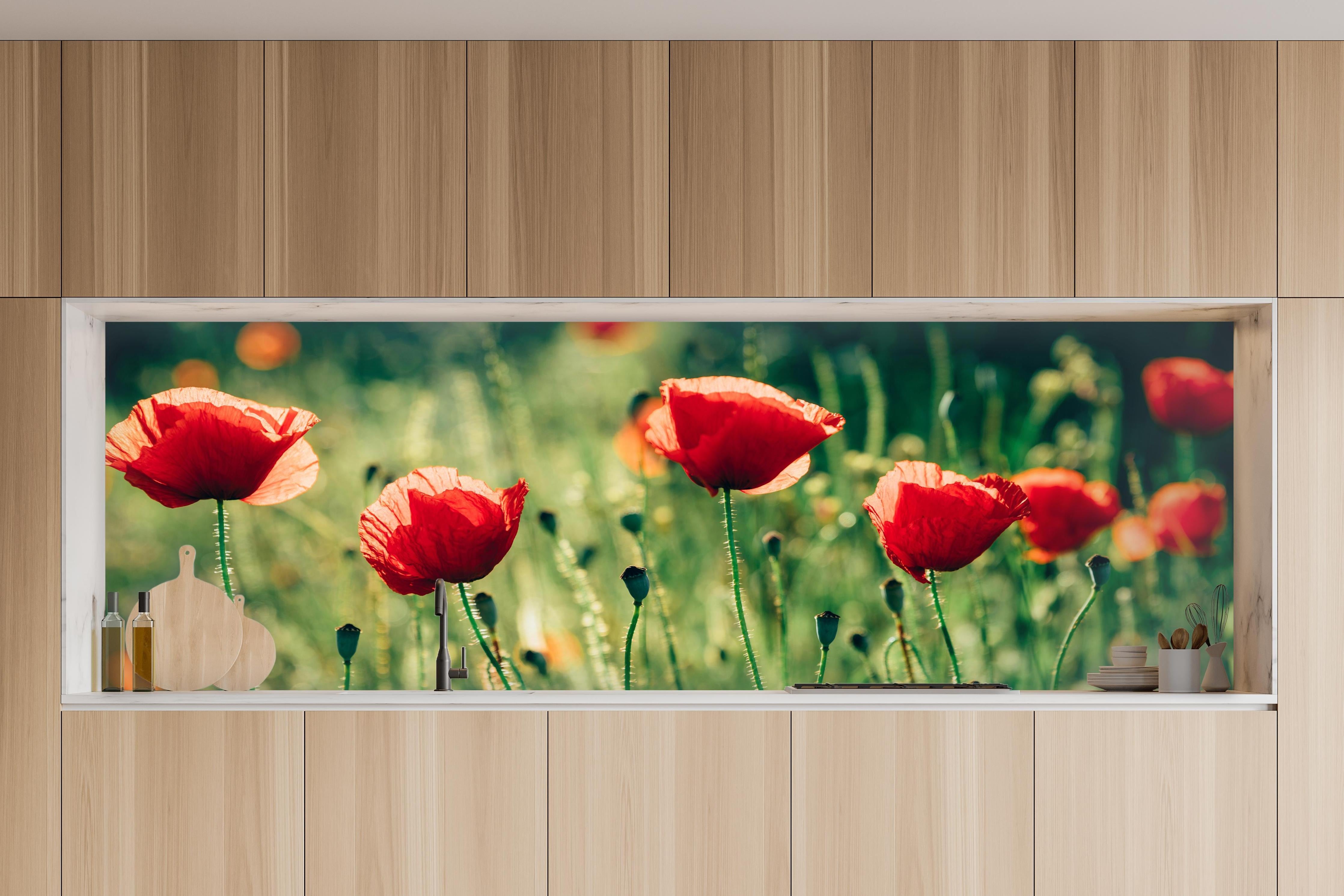 Küche - Rote Mohnblumen Sommerwiese in charakteristischer Vollholz-Küche mit modernem Gasherd