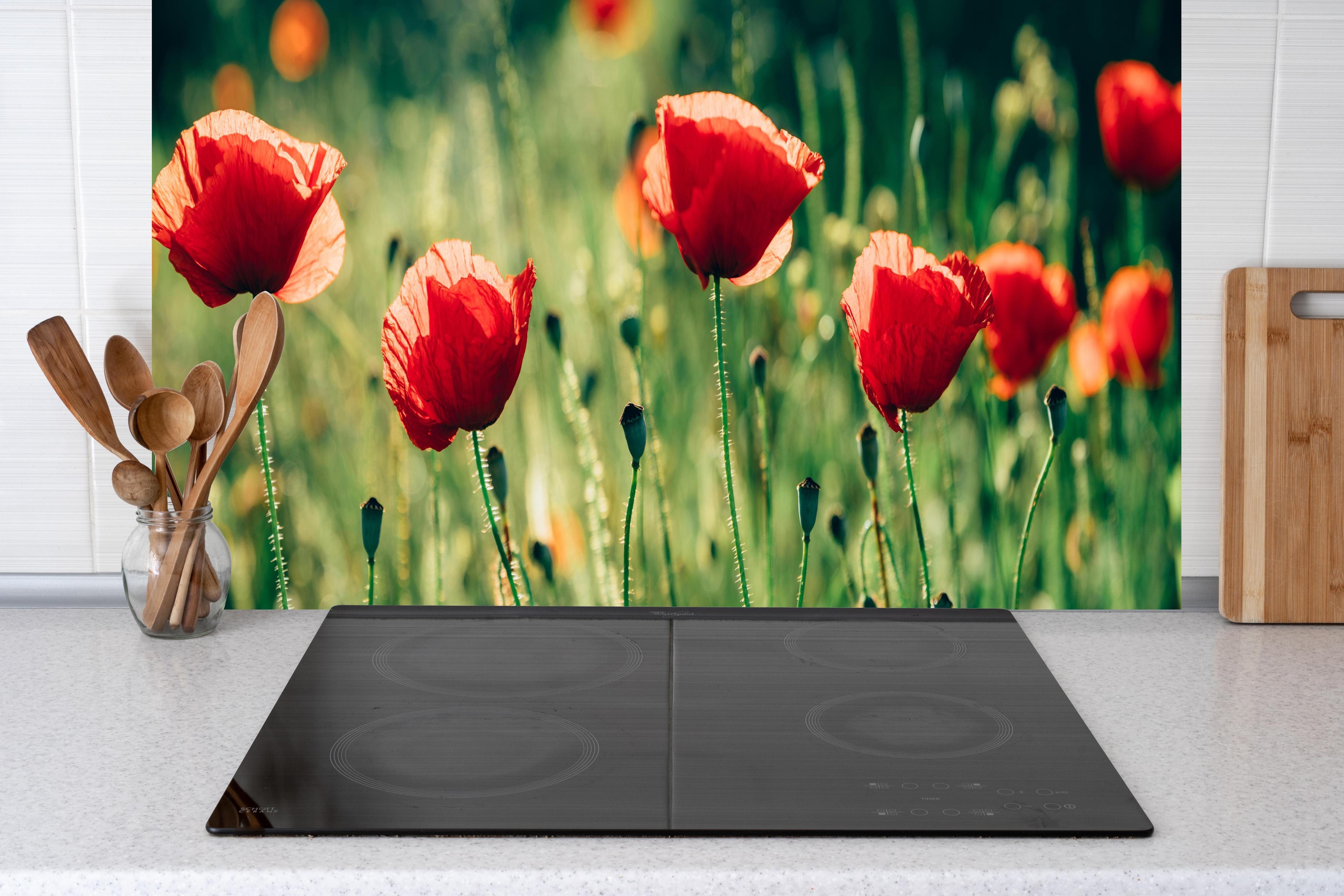 Küche - Rote Mohnblumen Sommerwiese hinter Cerankochfeld und Holz-Kochutensilien