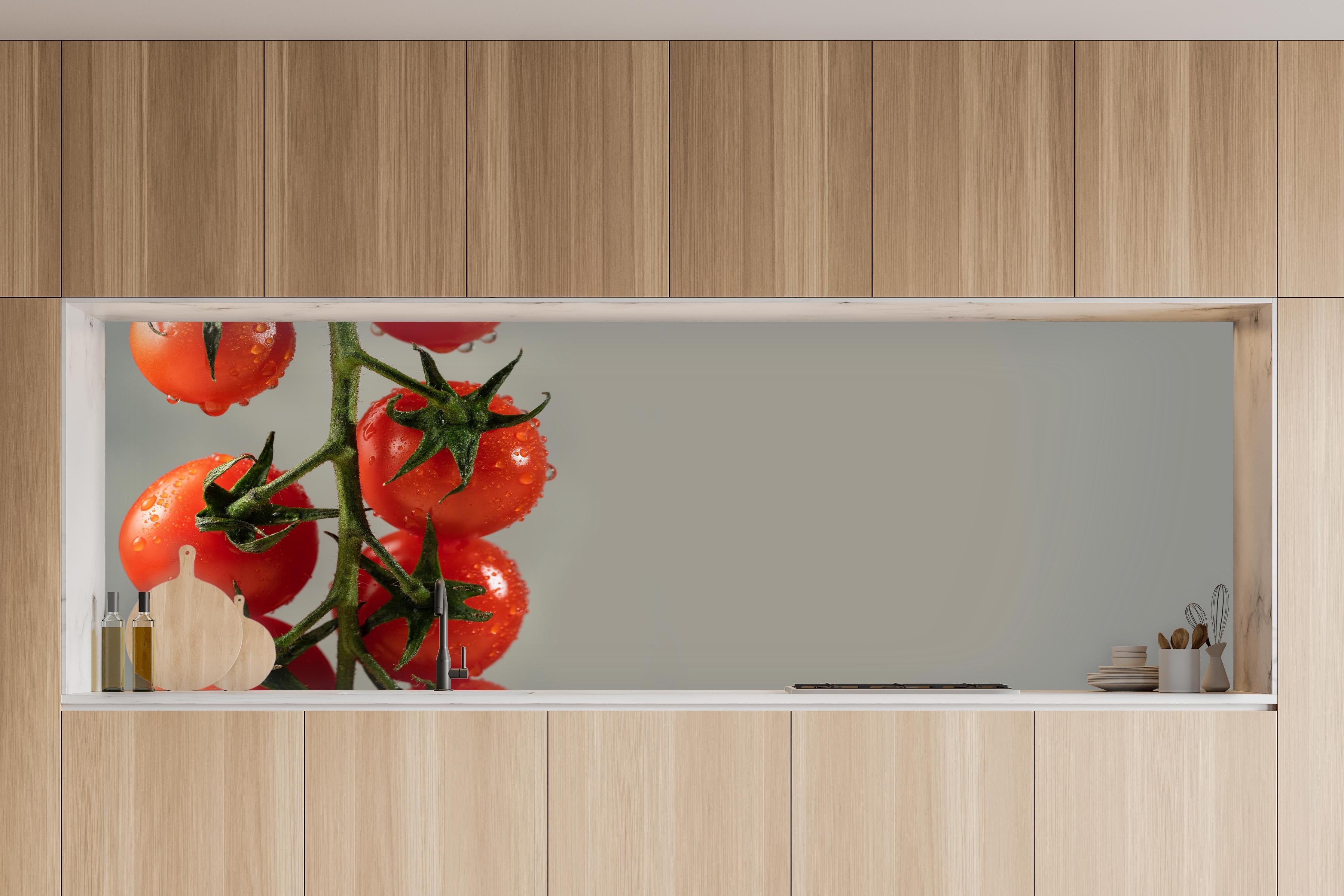 Küche - Rote Tomaten auf Grau in charakteristischer Vollholz-Küche mit modernem Gasherd