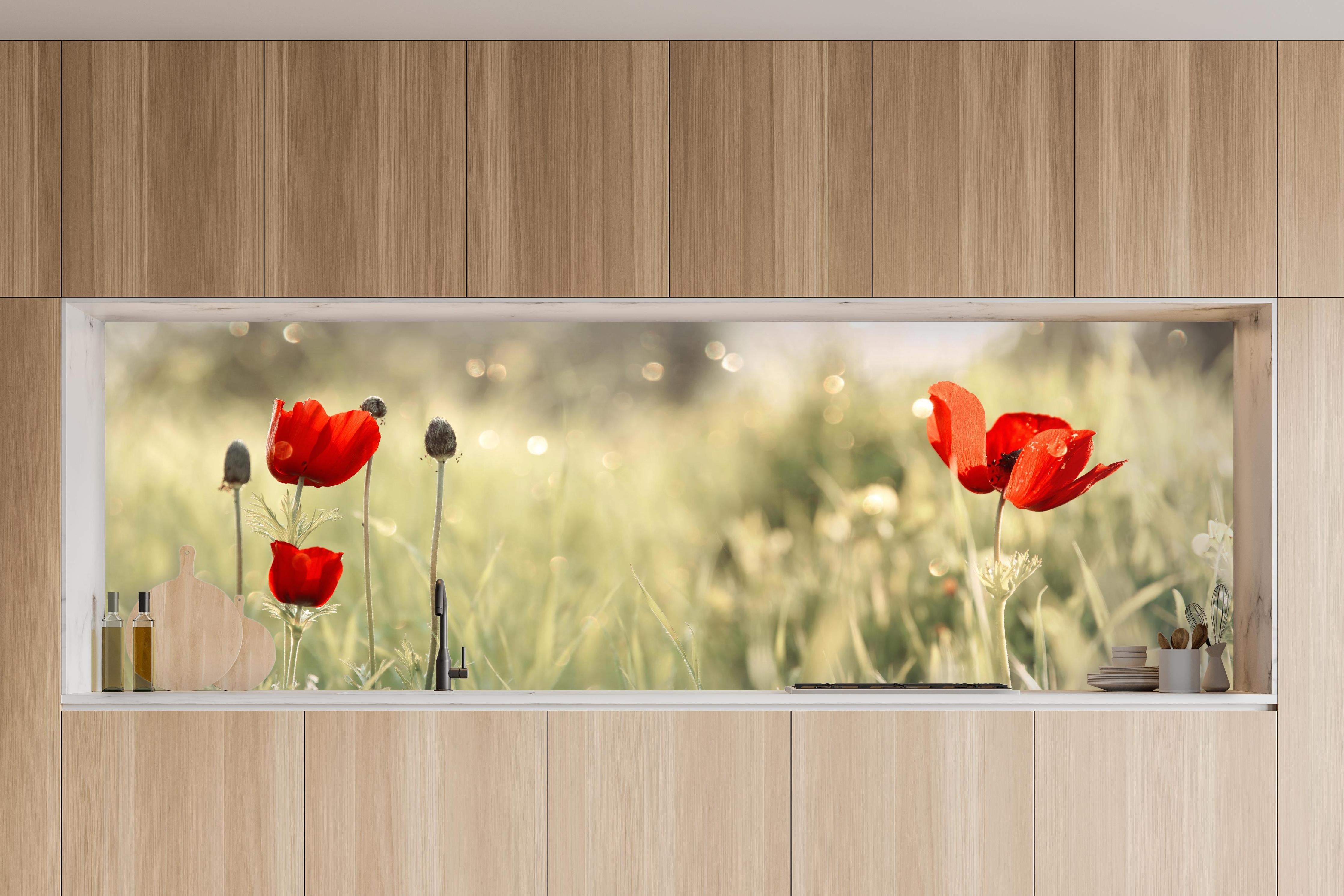 Küche - Roter Mohn auf Wiese in charakteristischer Vollholz-Küche mit modernem Gasherd