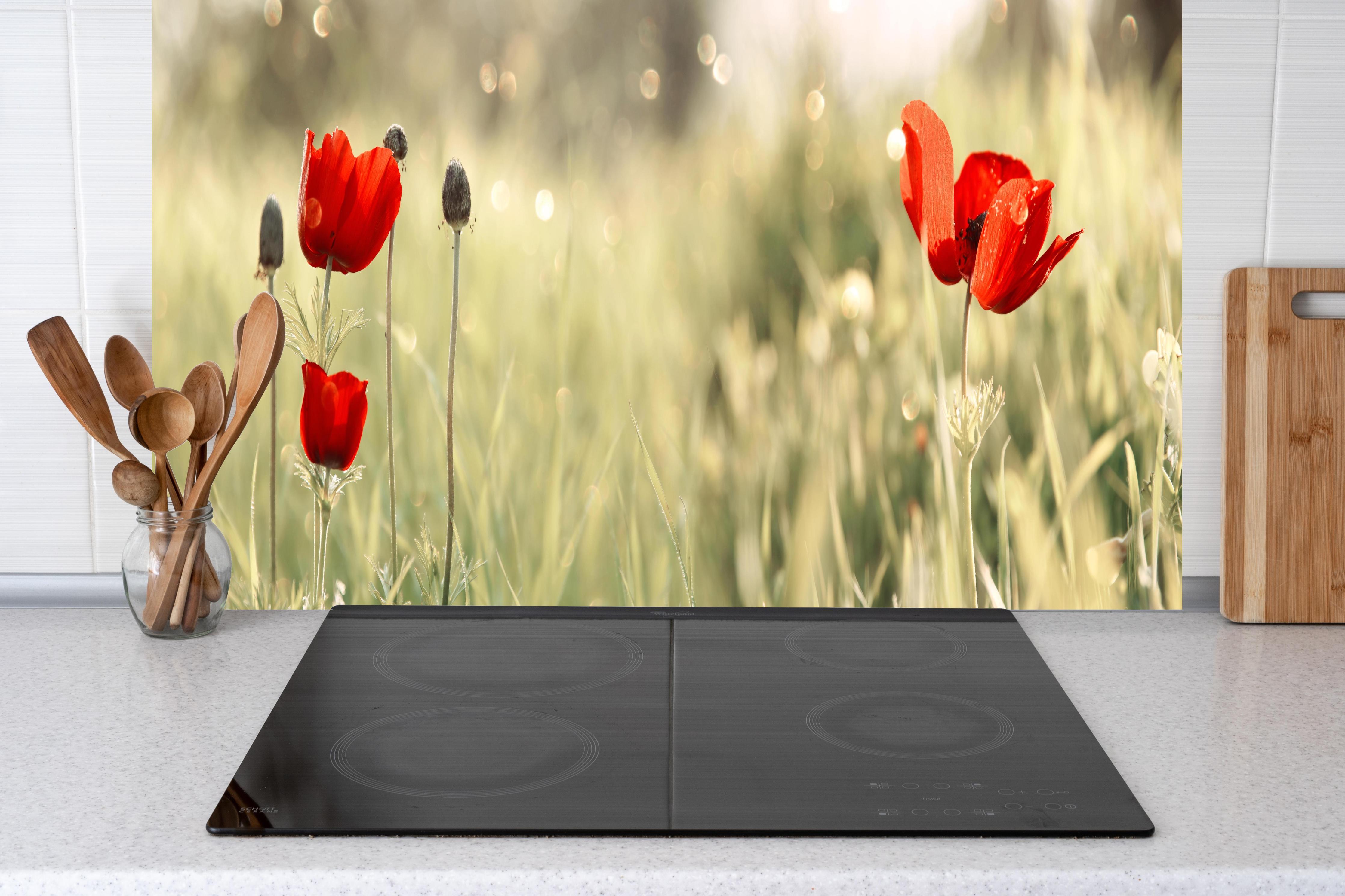 Küche - Roter Mohn auf Wiese hinter Cerankochfeld und Holz-Kochutensilien