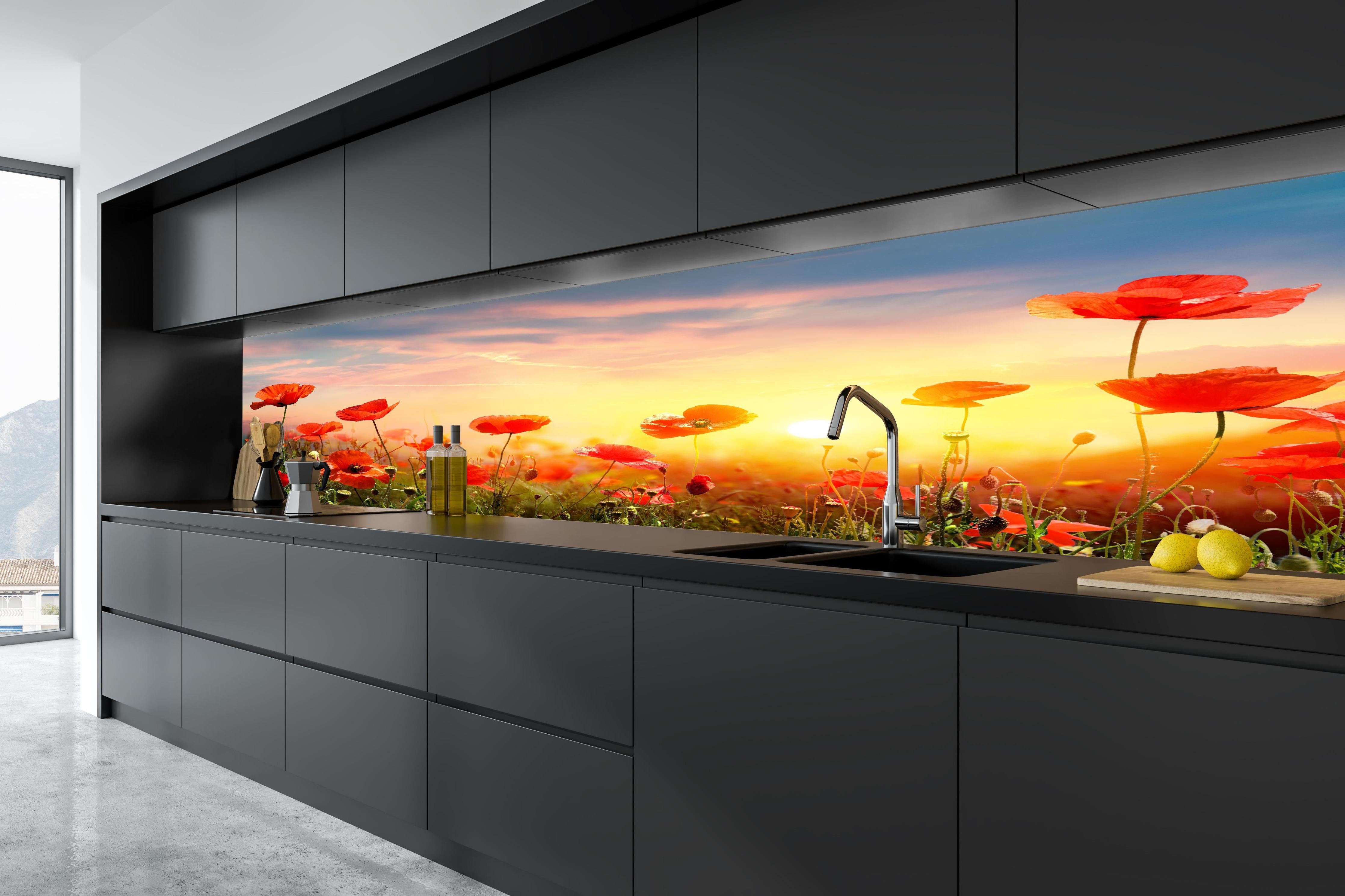 Küche - Roter Mohnfeld Sonnenaufgang in tiefschwarzer matt-premium Einbauküche