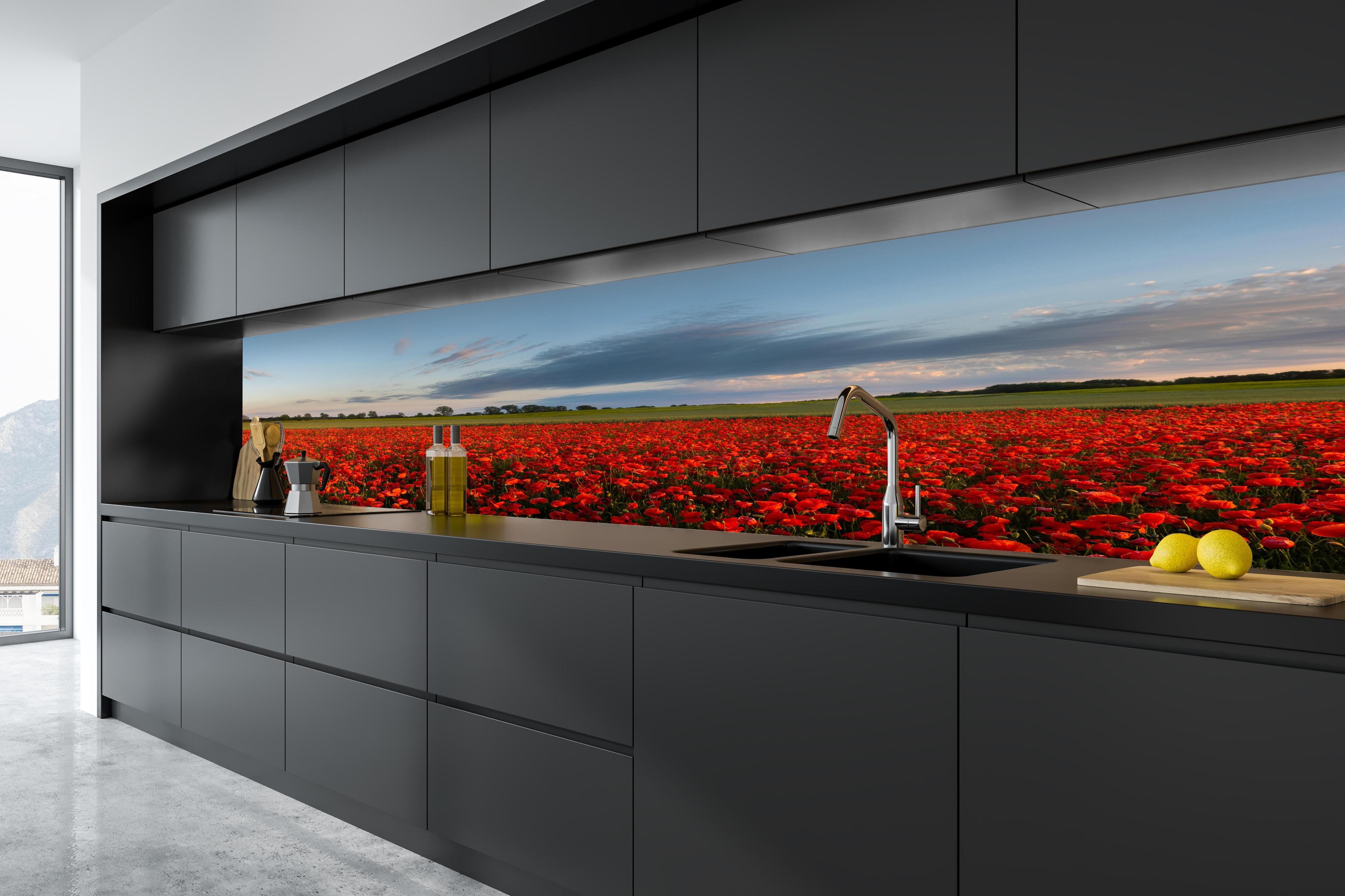 Küche - Rotes Mohnfeld unter blauem Himmel in tiefschwarzer matt-premium Einbauküche