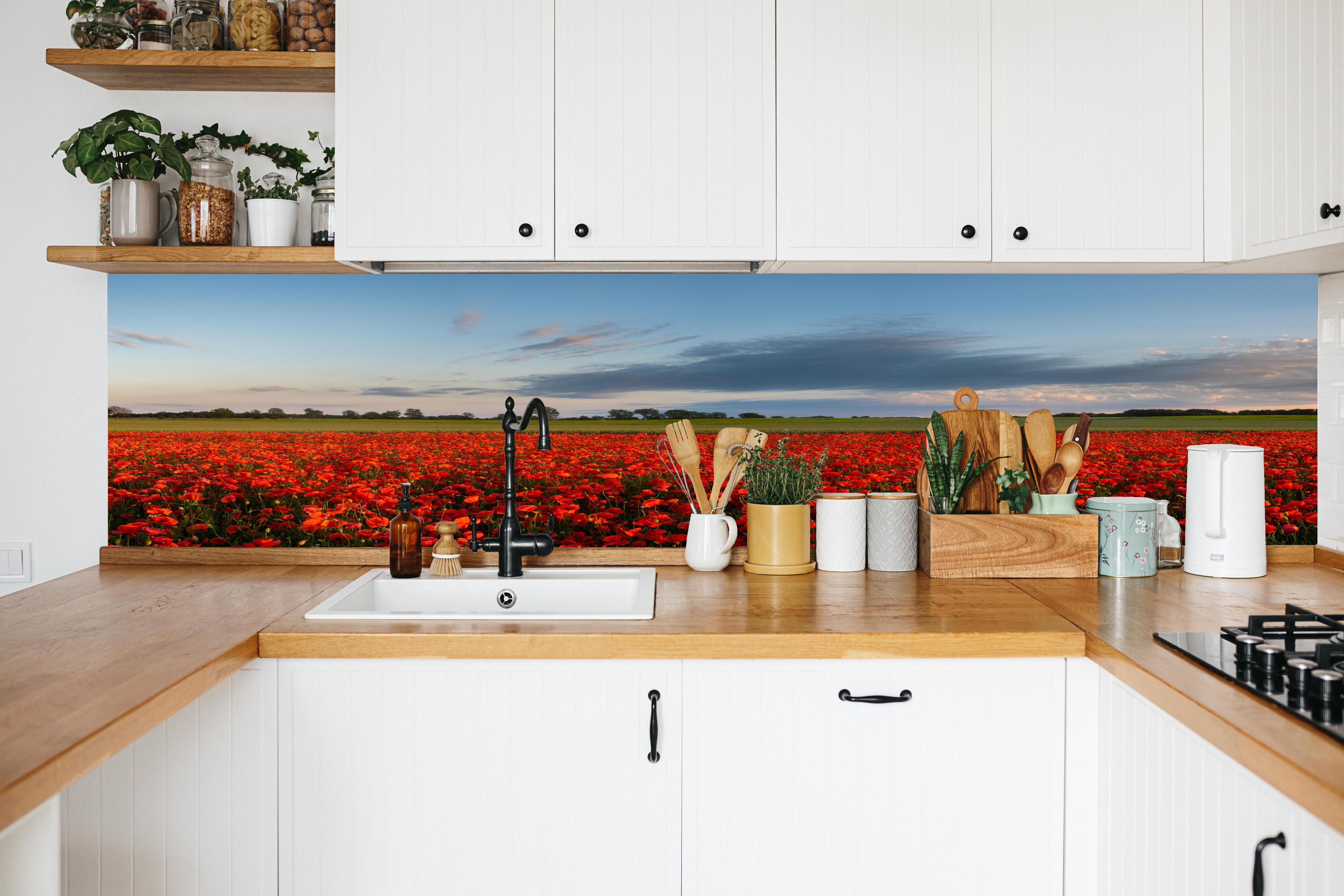 Küche - Rotes Mohnfeld unter blauem Himmel in weißer Küche hinter Gewürzen und Kochlöffeln aus Holz