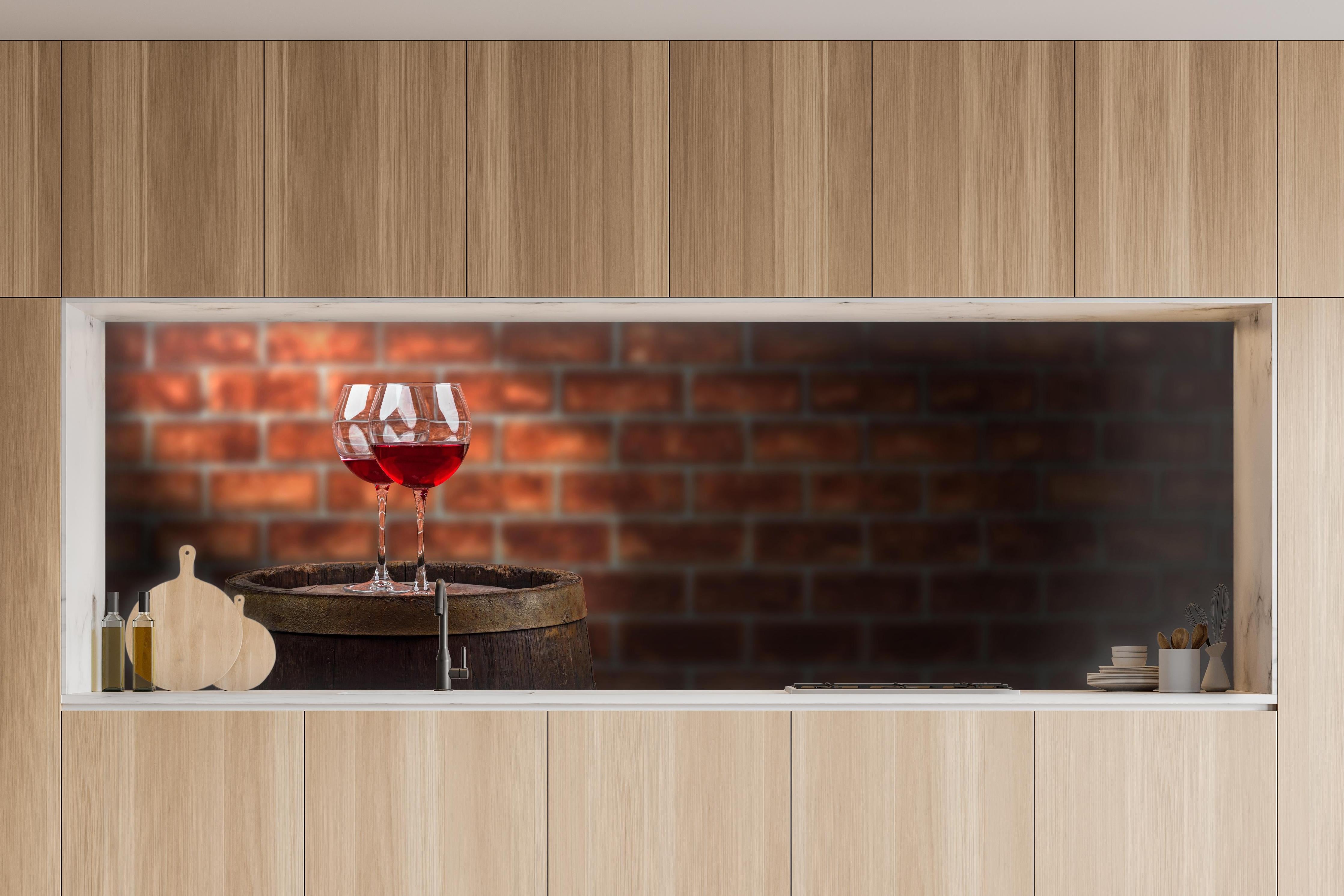 Küche - Rotwein auf Eichenfass in charakteristischer Vollholz-Küche mit modernem Gasherd