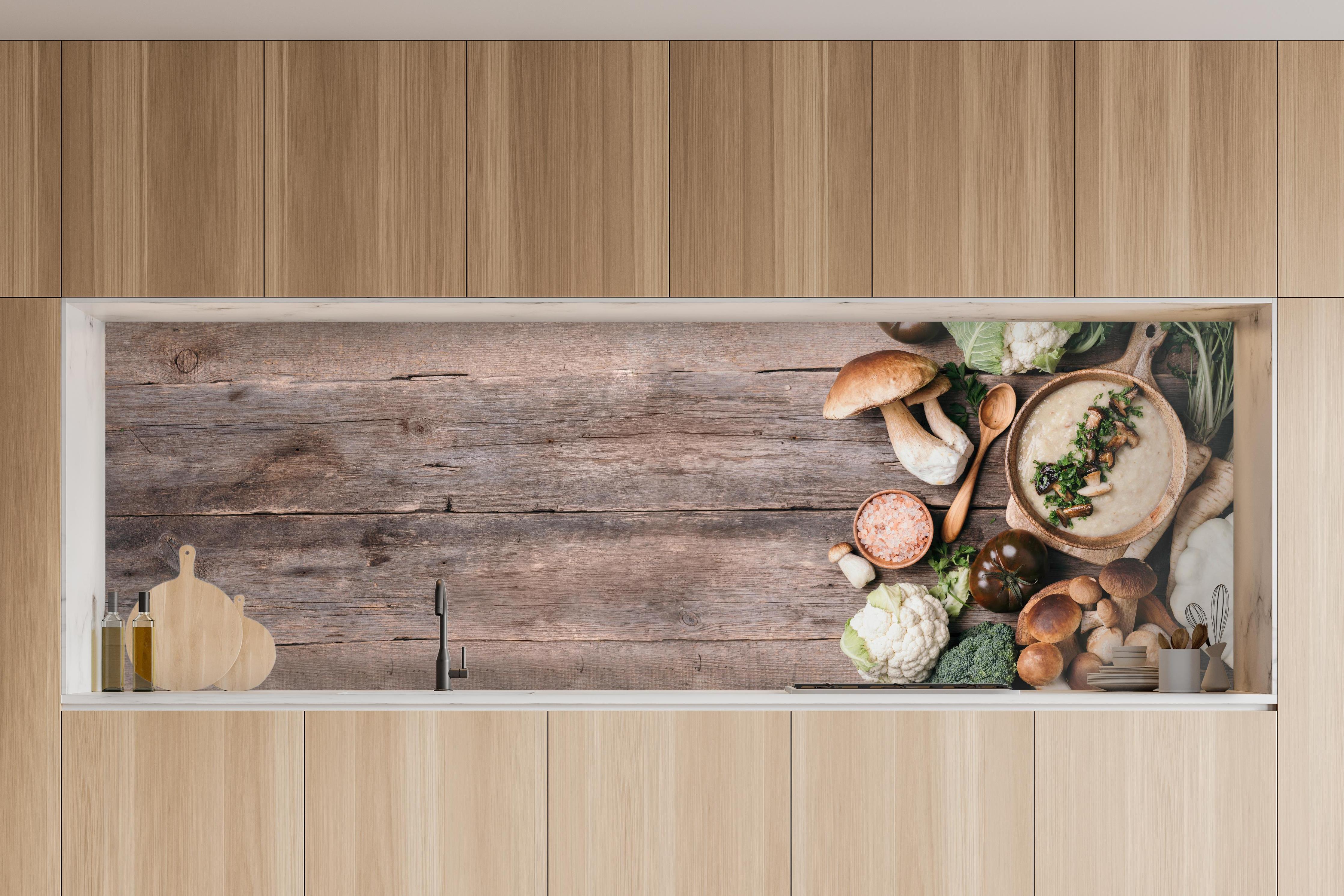 Küche - Rustikales Gemüse-Stillleben Braun-Grün in charakteristischer Vollholz-Küche mit modernem Gasherd