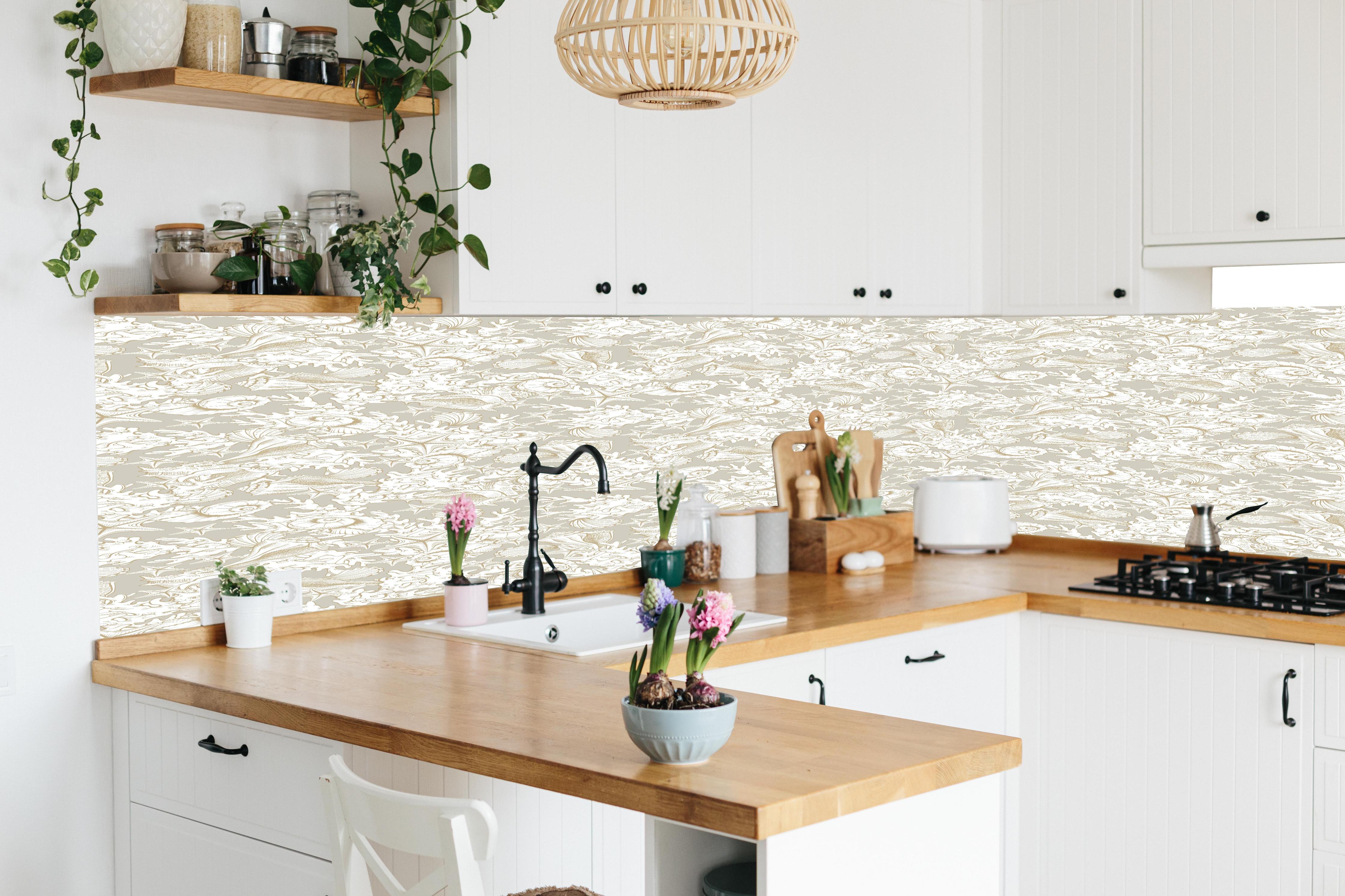 Küche - Sandiges Muschel-Muster Beige in lebendiger Küche mit bunten Blumen