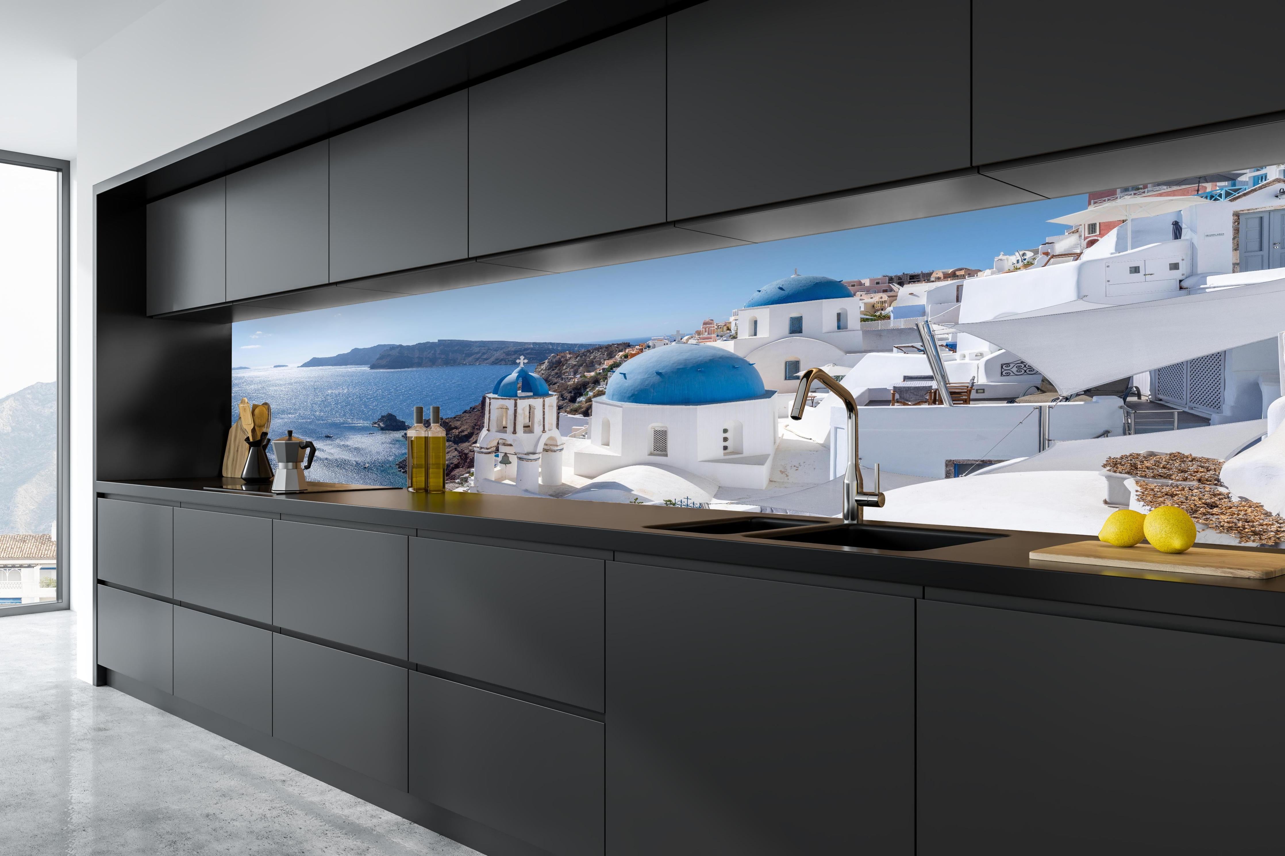 Küche - Santorini Blau-Weiß Skyline in tiefschwarzer matt-premium Einbauküche