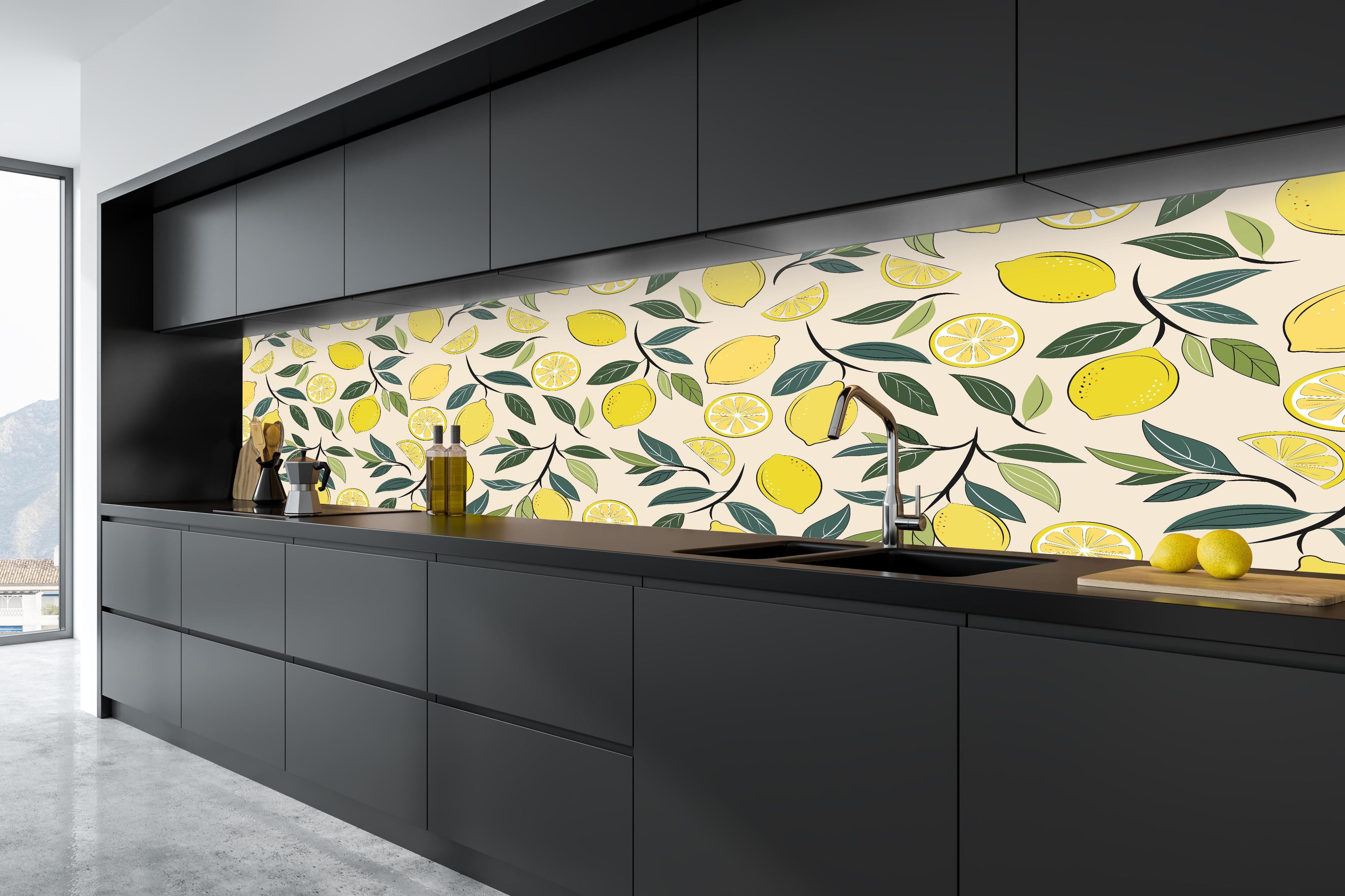Küche - Sommerliches Zitronen-Design Gelb-Grün in tiefschwarzer matt-premium Einbauküche