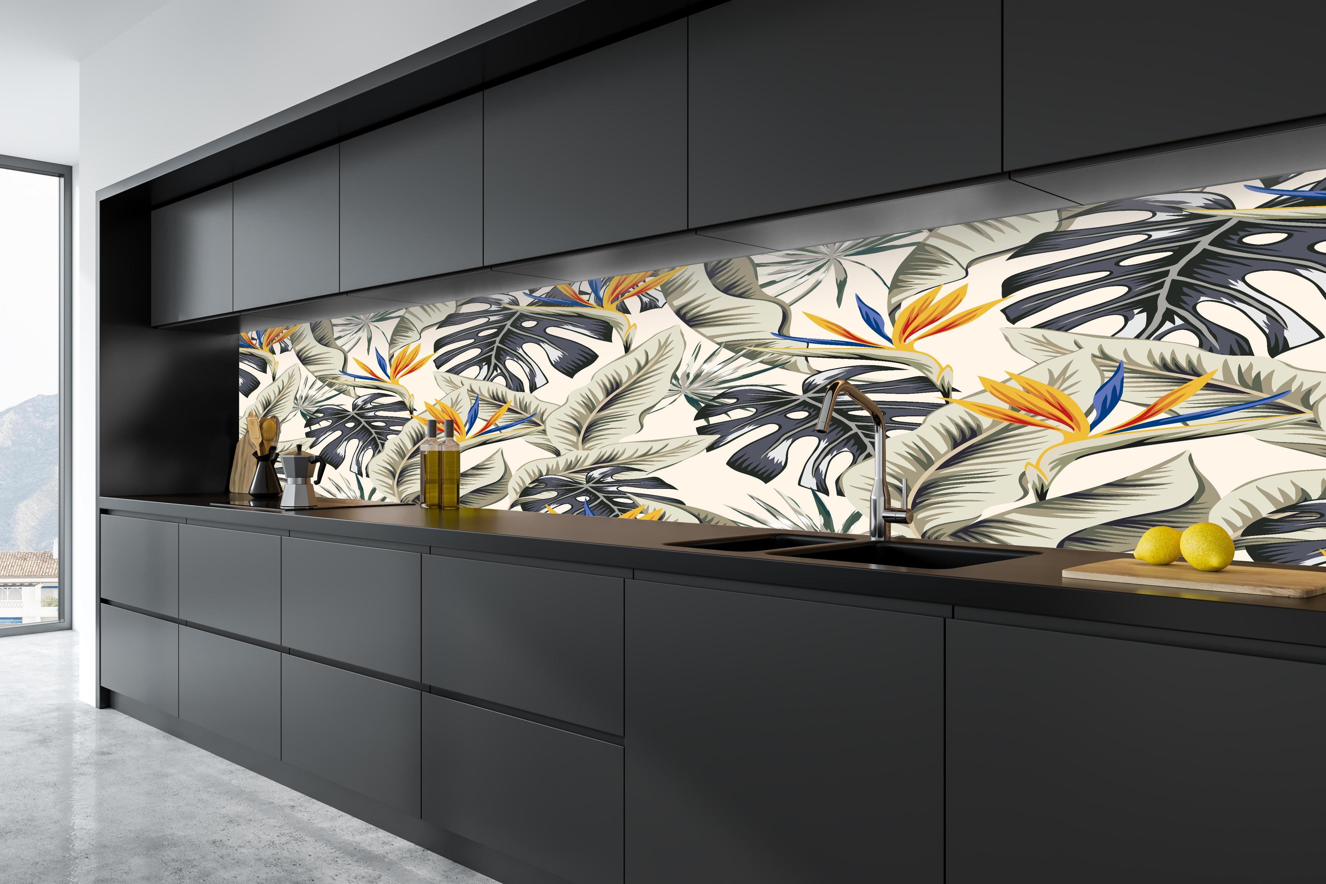 Küche - Strelitzia Tropenblätter Beige-Orange in tiefschwarzer matt-premium Einbauküche