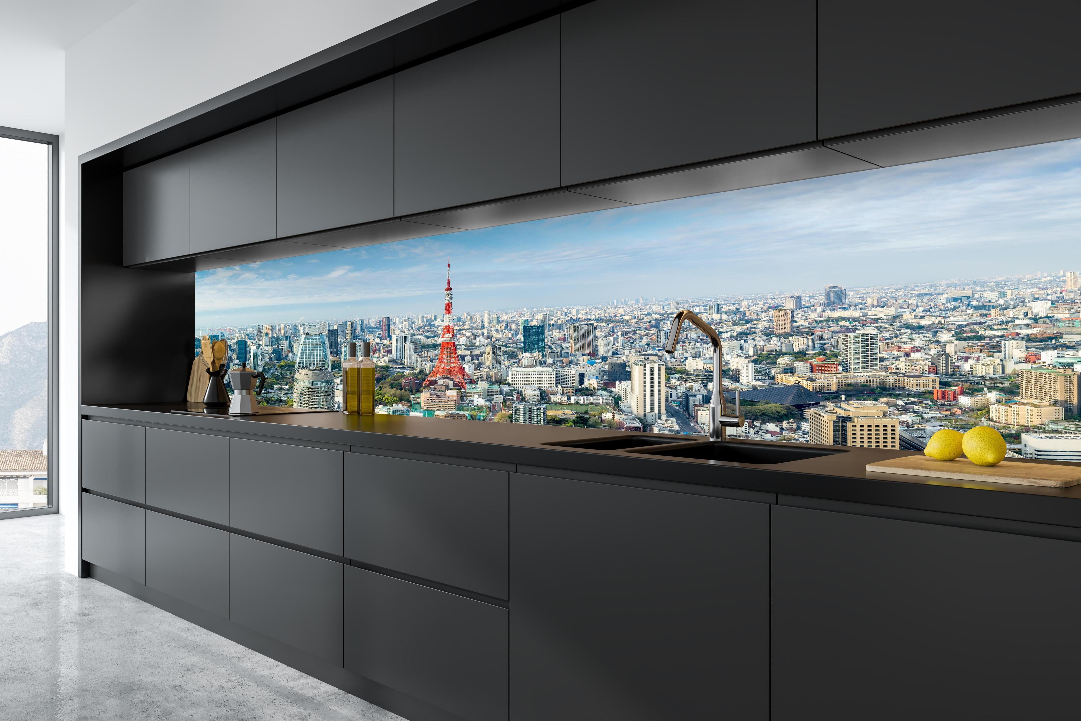 Küche - Tokio Skyline Rot-Blau in tiefschwarzer matt-premium Einbauküche