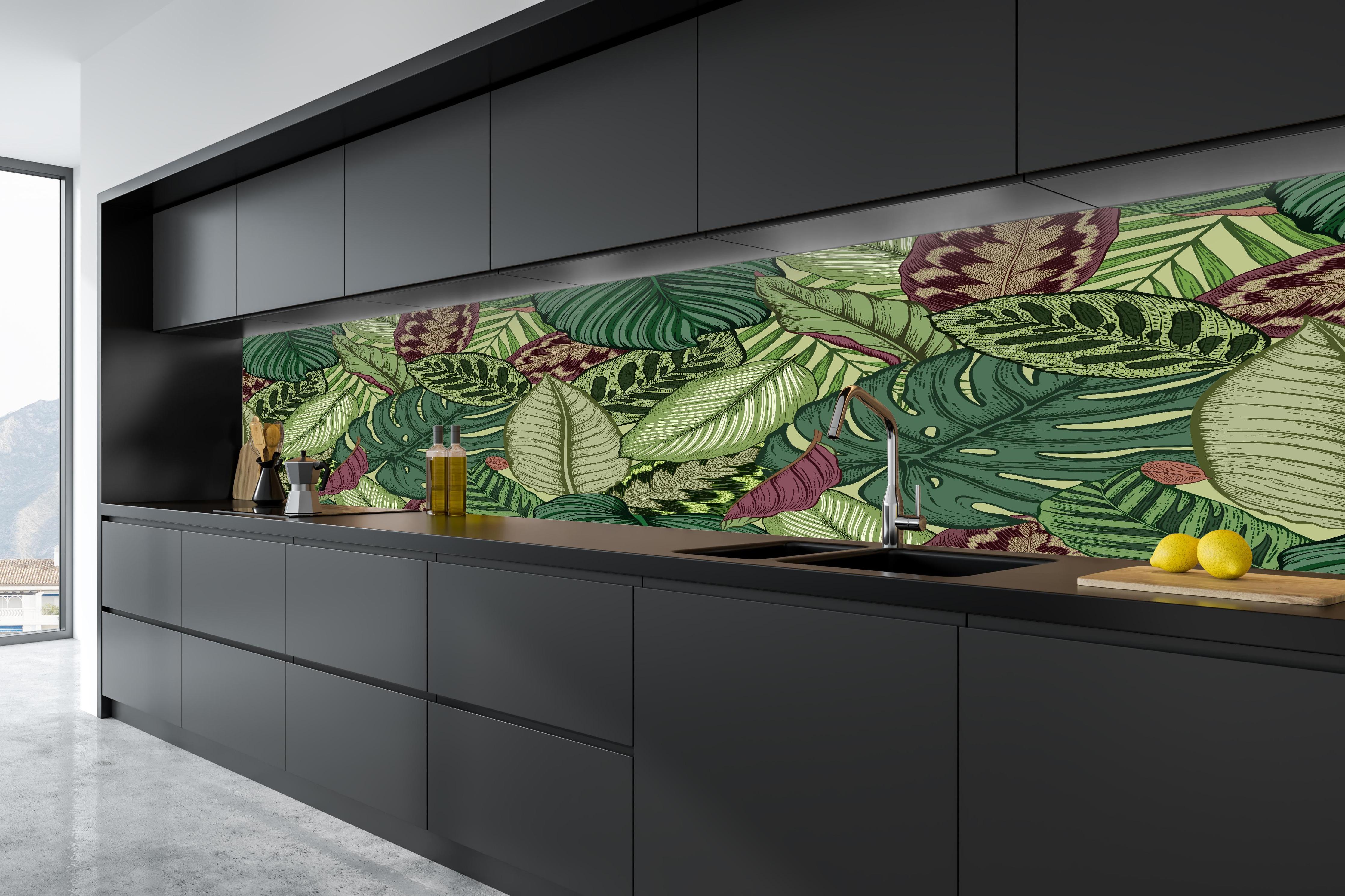 Küche - Tropische Blätter Grün-Beige in tiefschwarzer matt-premium Einbauküche