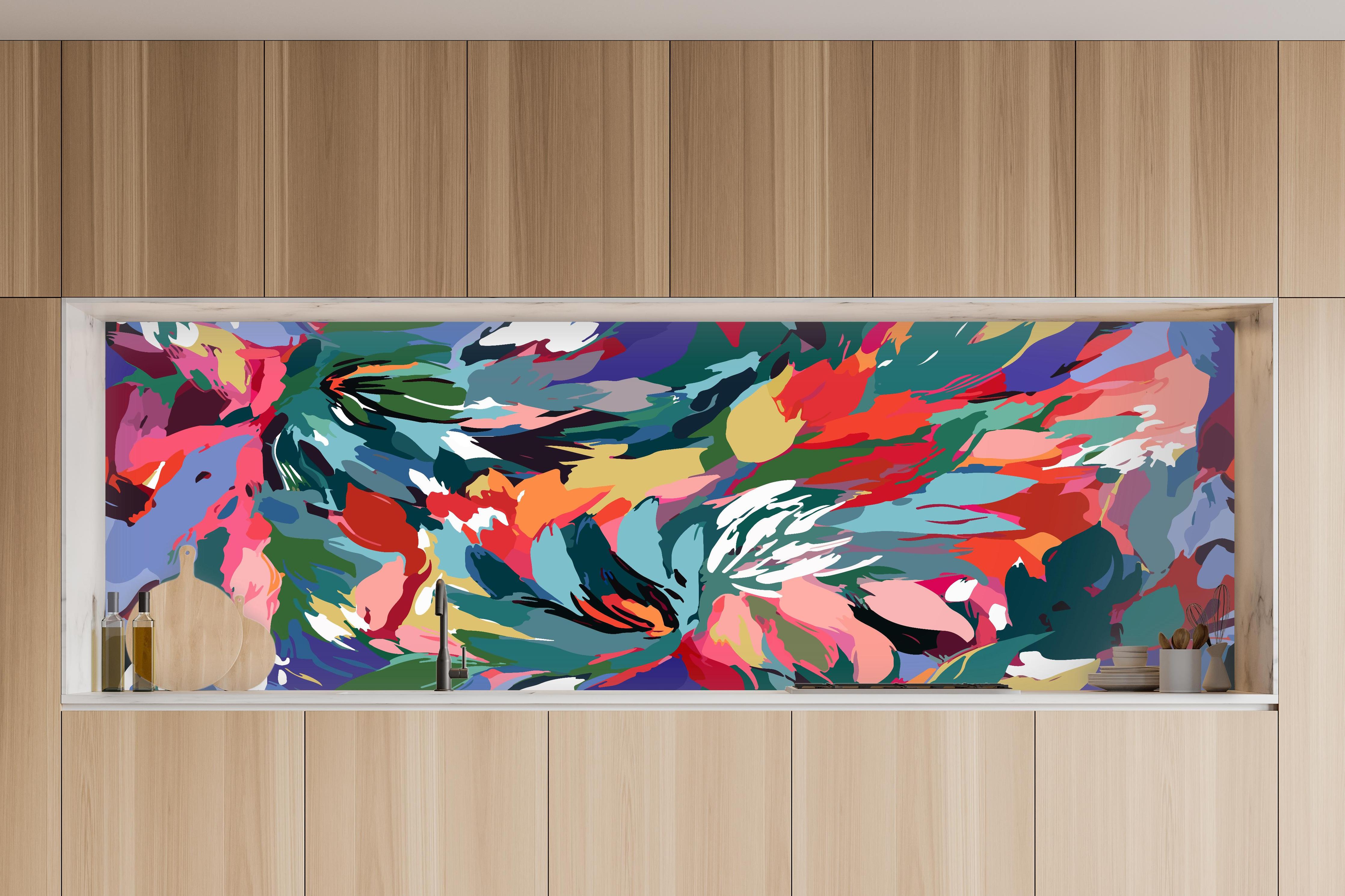 Küche - Tropische Blüten-Explosion Türkis-Rot in charakteristischer Vollholz-Küche mit modernem Gasherd