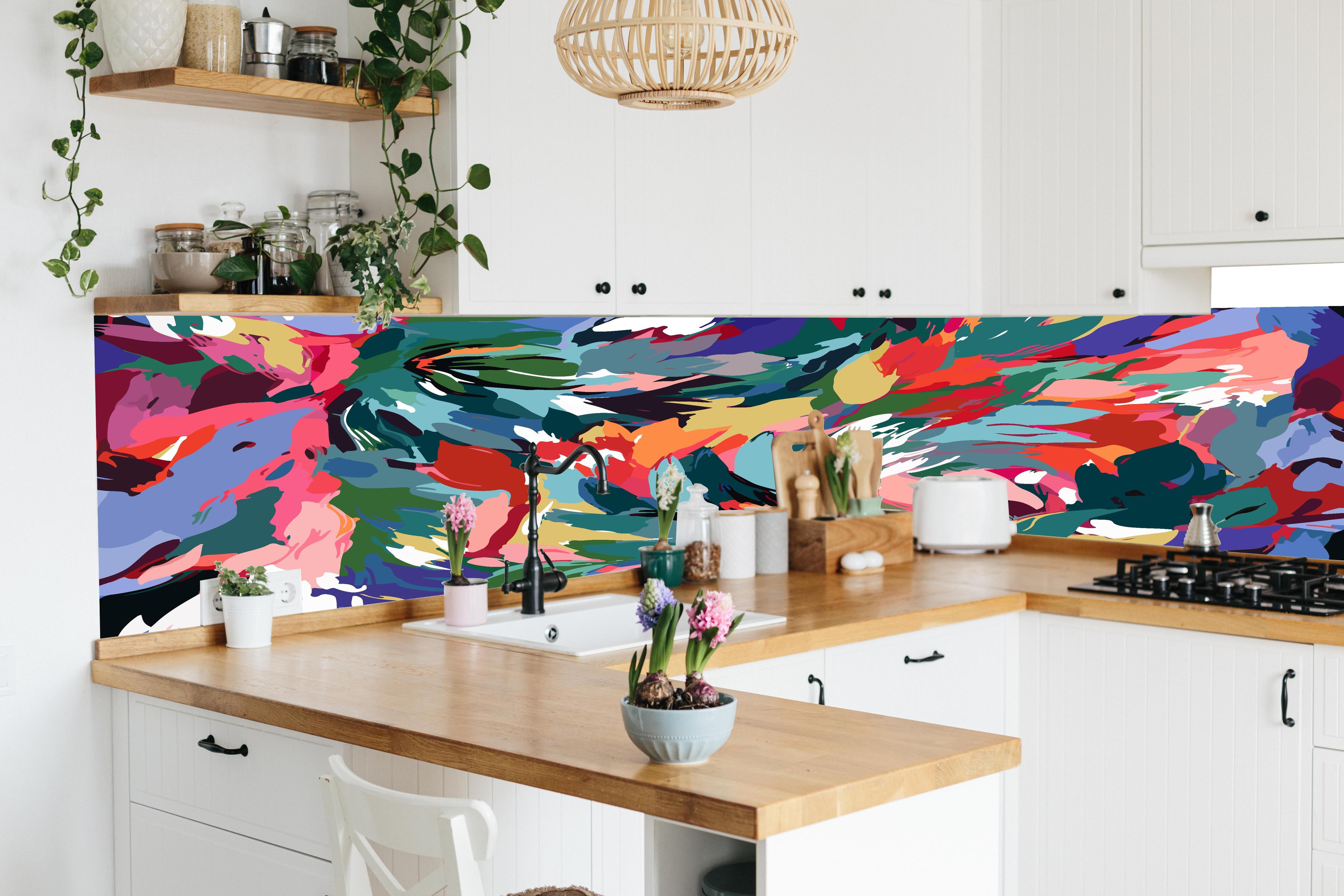 Küche - Tropische Blüten-Explosion Türkis-Rot in lebendiger Küche mit bunten Blumen