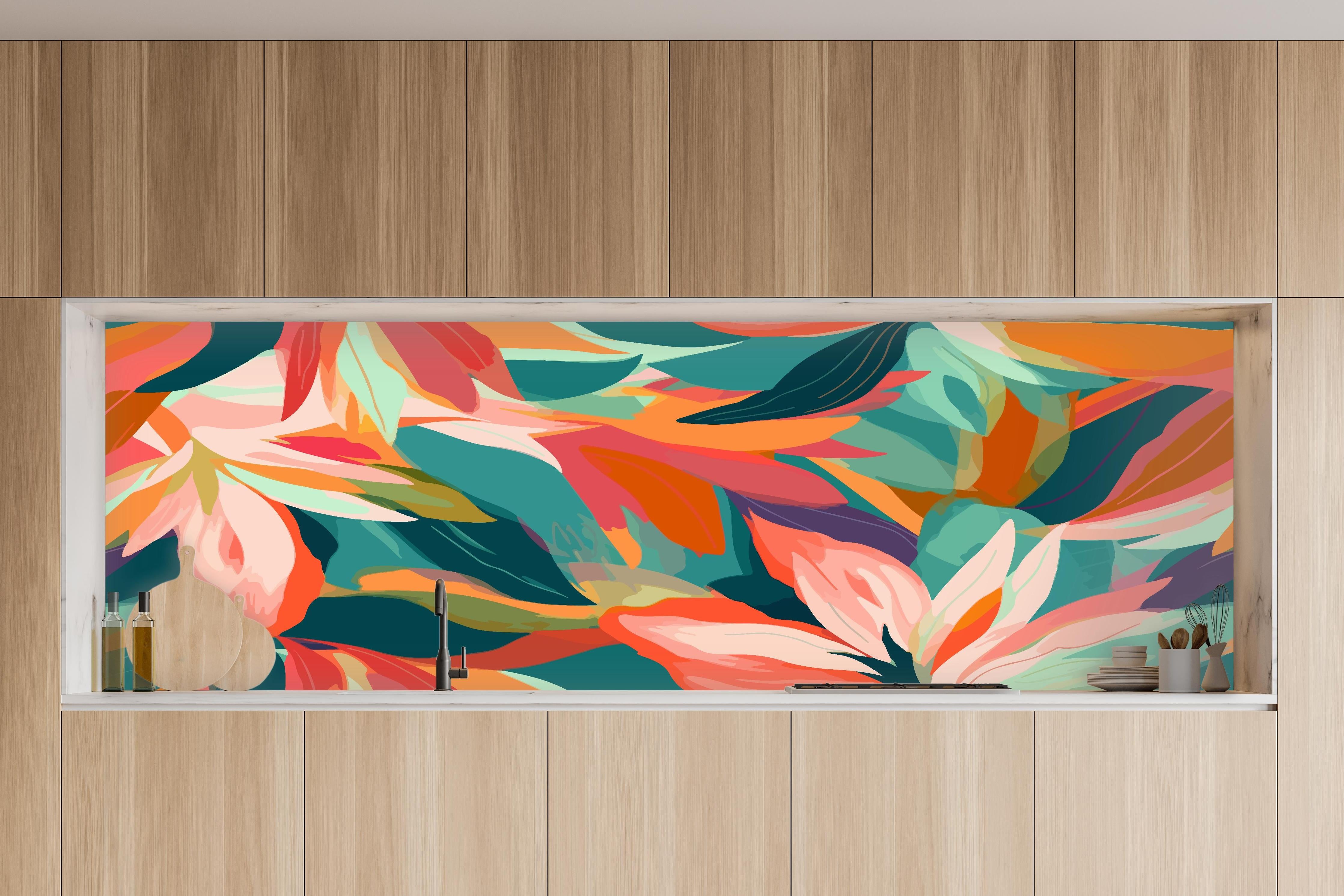 Küche - Tropische Blüten Türkis Koralle in charakteristischer Vollholz-Küche mit modernem Gasherd