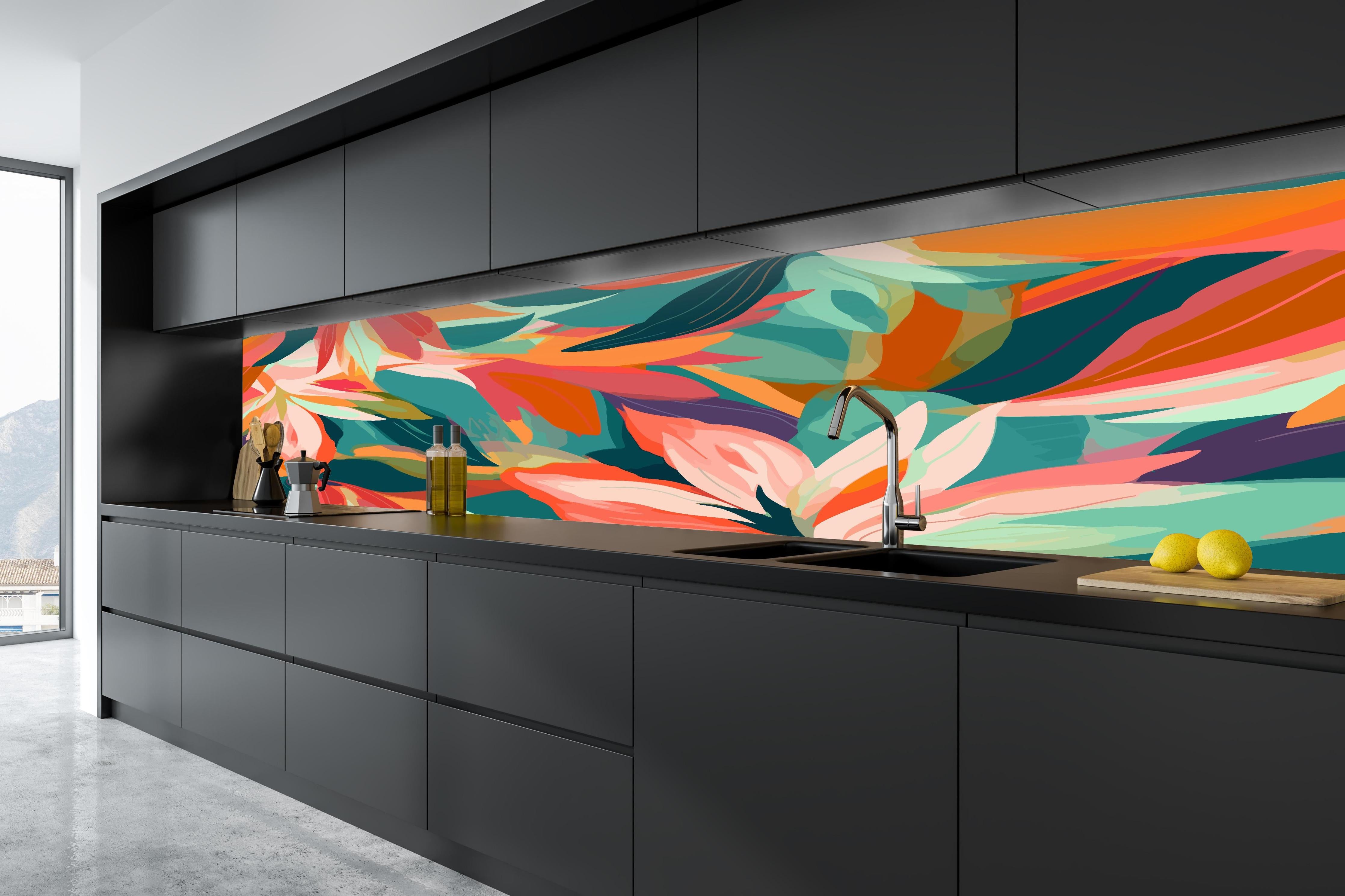 Küche - Tropische Blüten Türkis Koralle in tiefschwarzer matt-premium Einbauküche