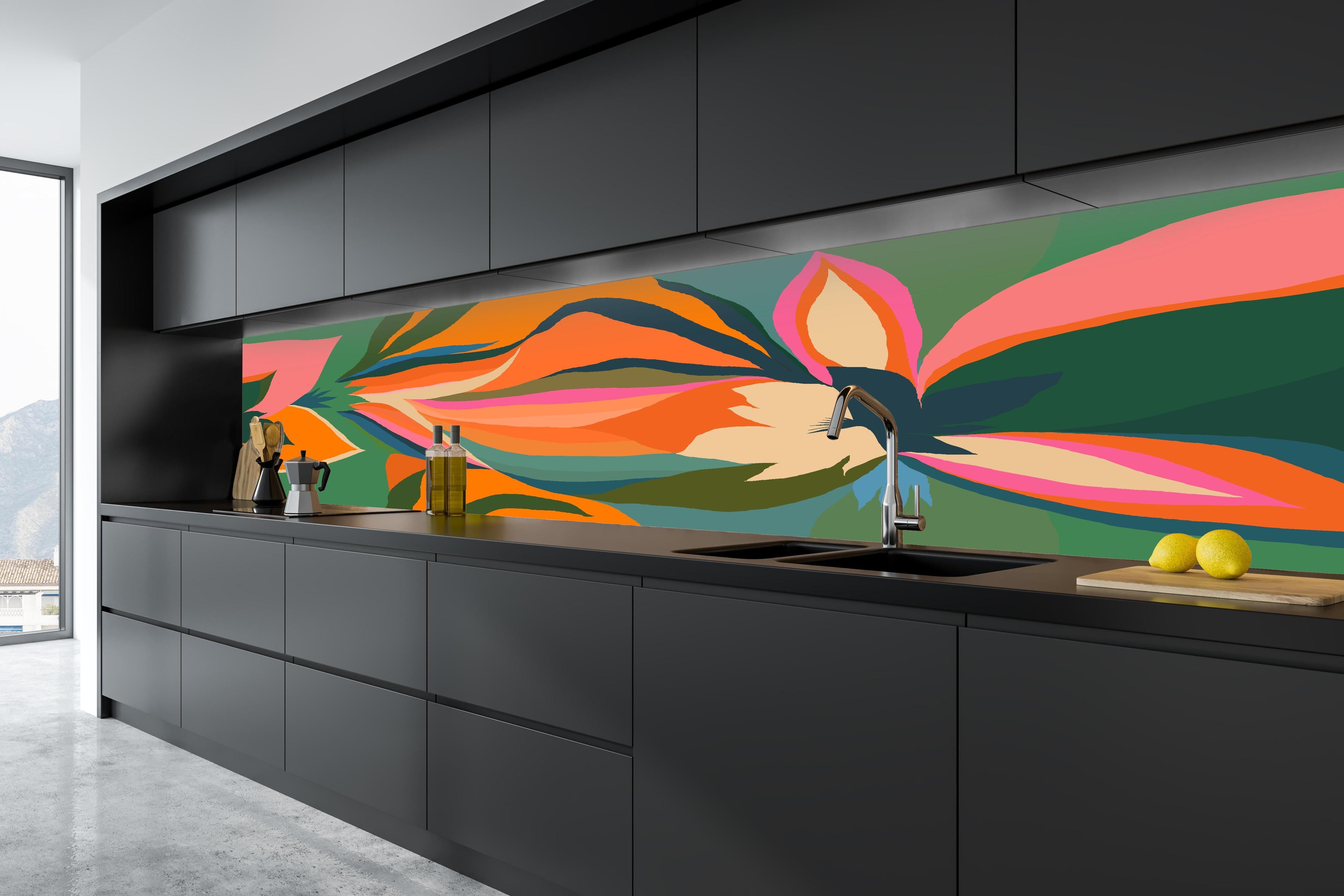 Küche - Tropische Blüten in Orange in tiefschwarzer matt-premium Einbauküche