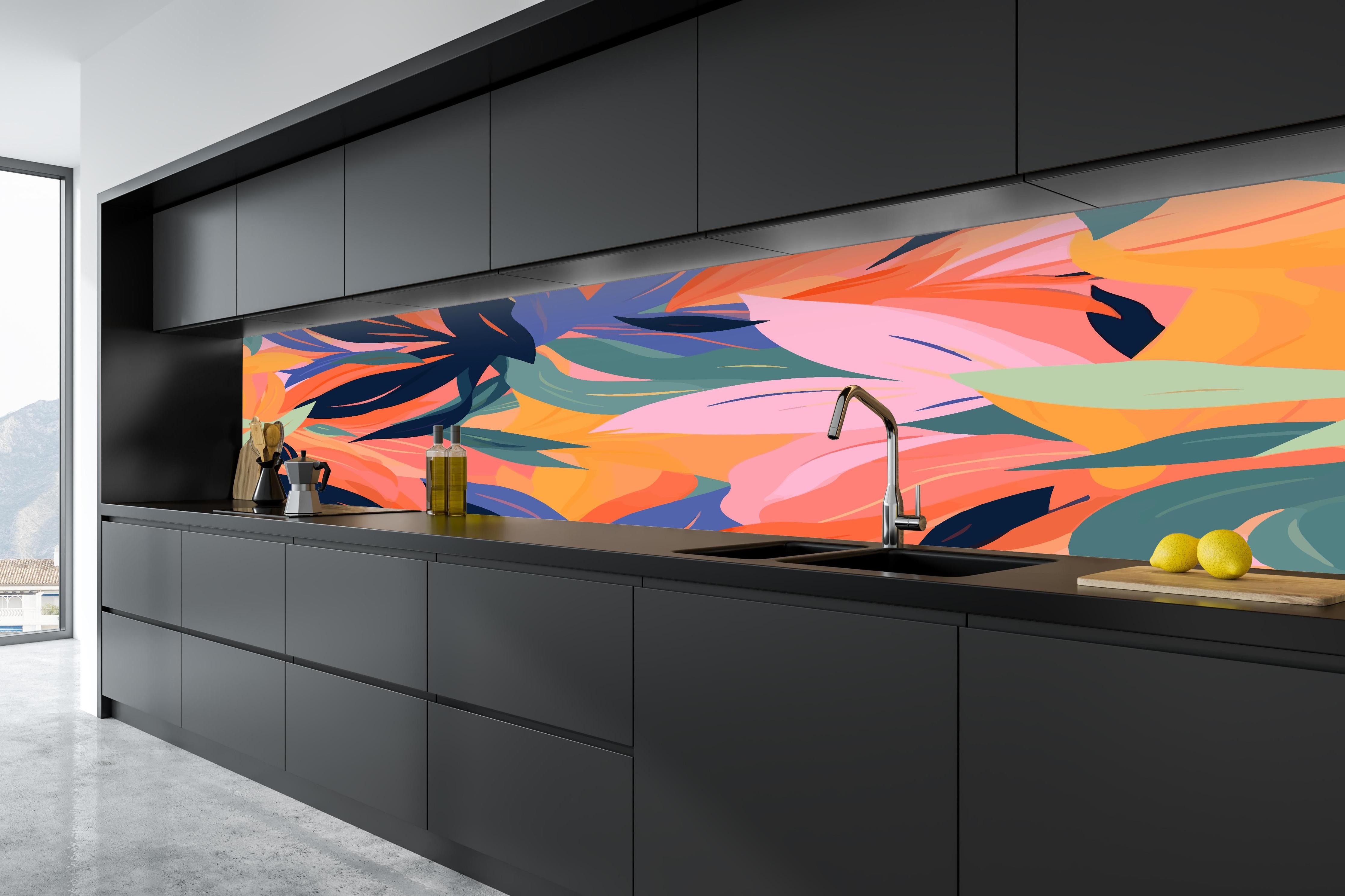 Küche - Tropische Blütenblätter Bunt in tiefschwarzer matt-premium Einbauküche