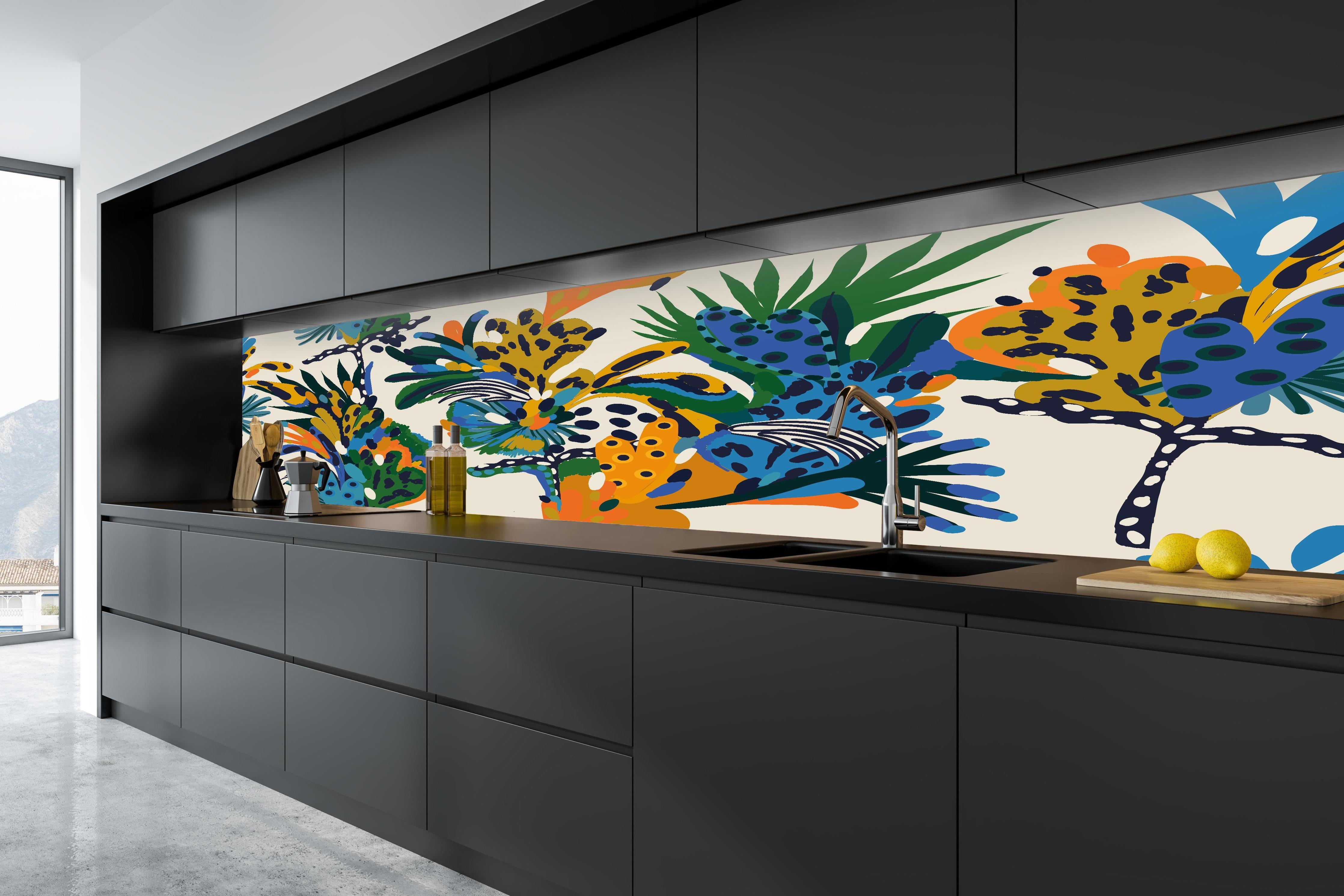 Küche - Tropische Blumen Blau Grün Orange in tiefschwarzer matt-premium Einbauküche