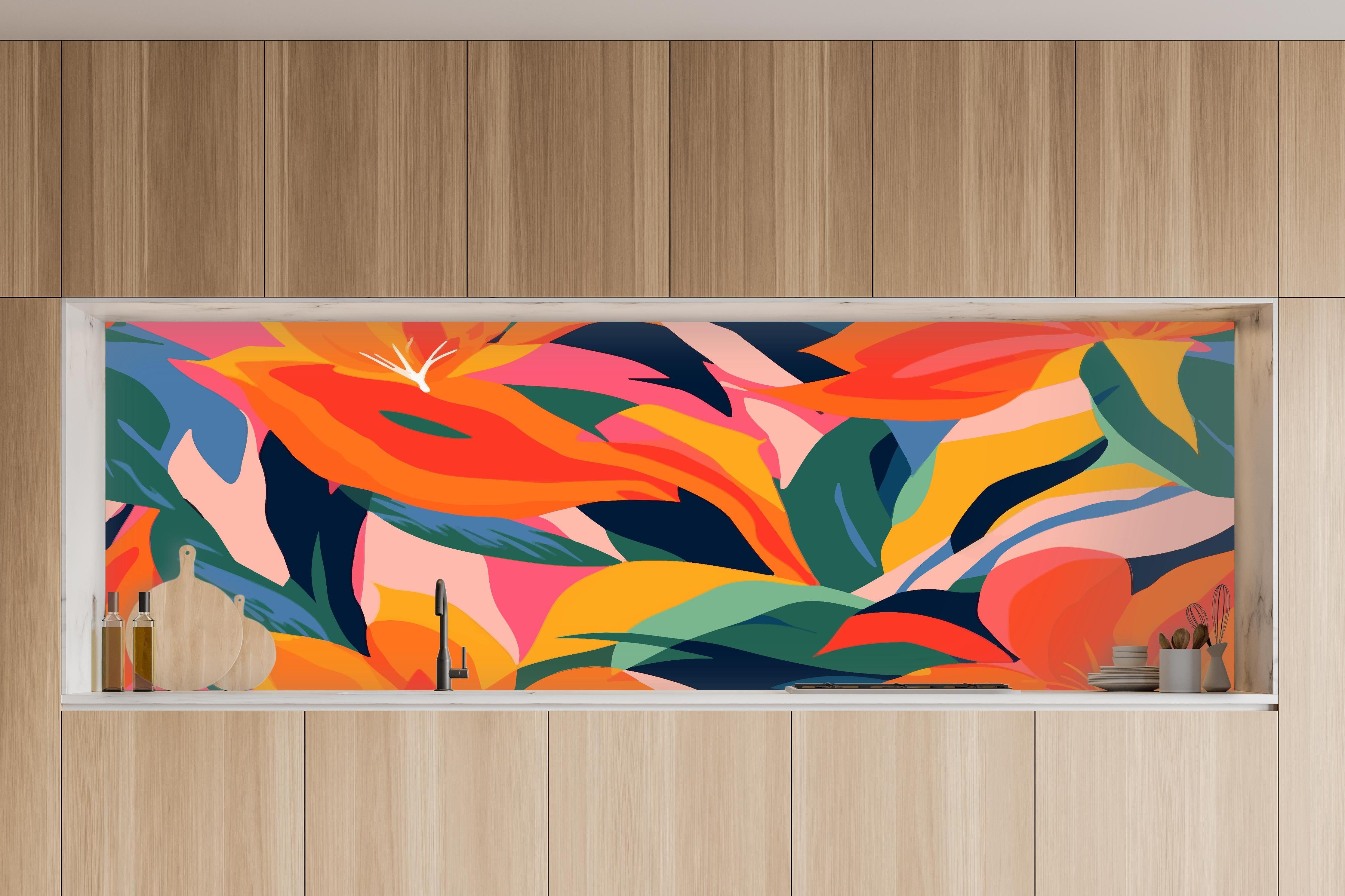 Küche - Tropische Bunte Blumenillustration in charakteristischer Vollholz-Küche mit modernem Gasherd
