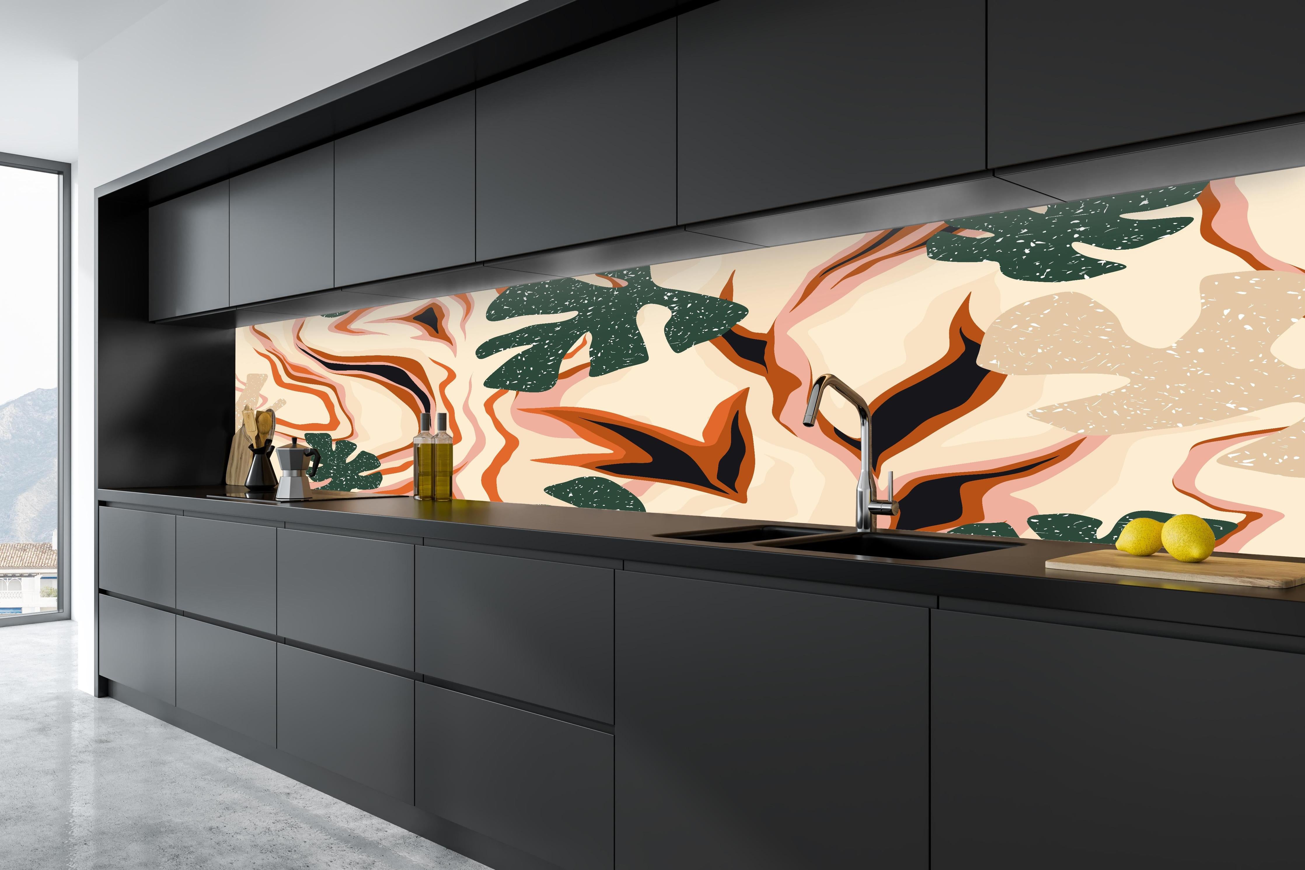 Küche - Tropischer Vortex Beige-Orange in tiefschwarzer matt-premium Einbauküche