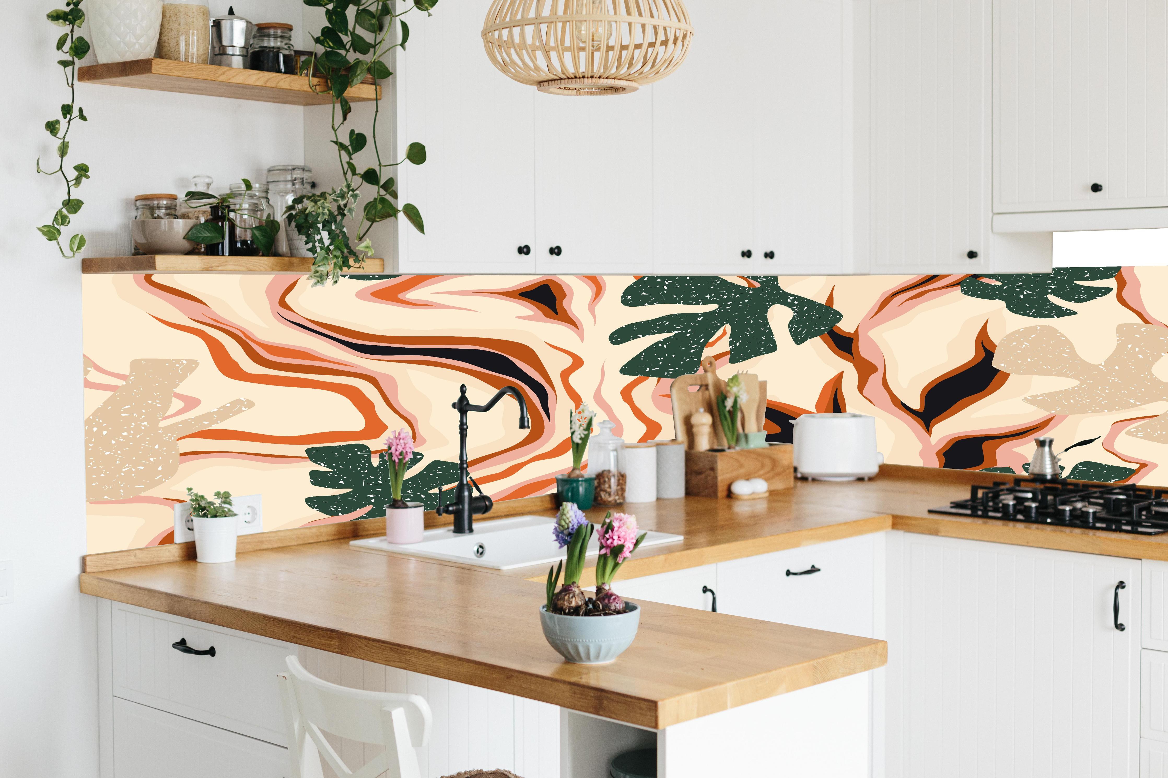 Küche - Tropischer Vortex Beige-Orange in lebendiger Küche mit bunten Blumen