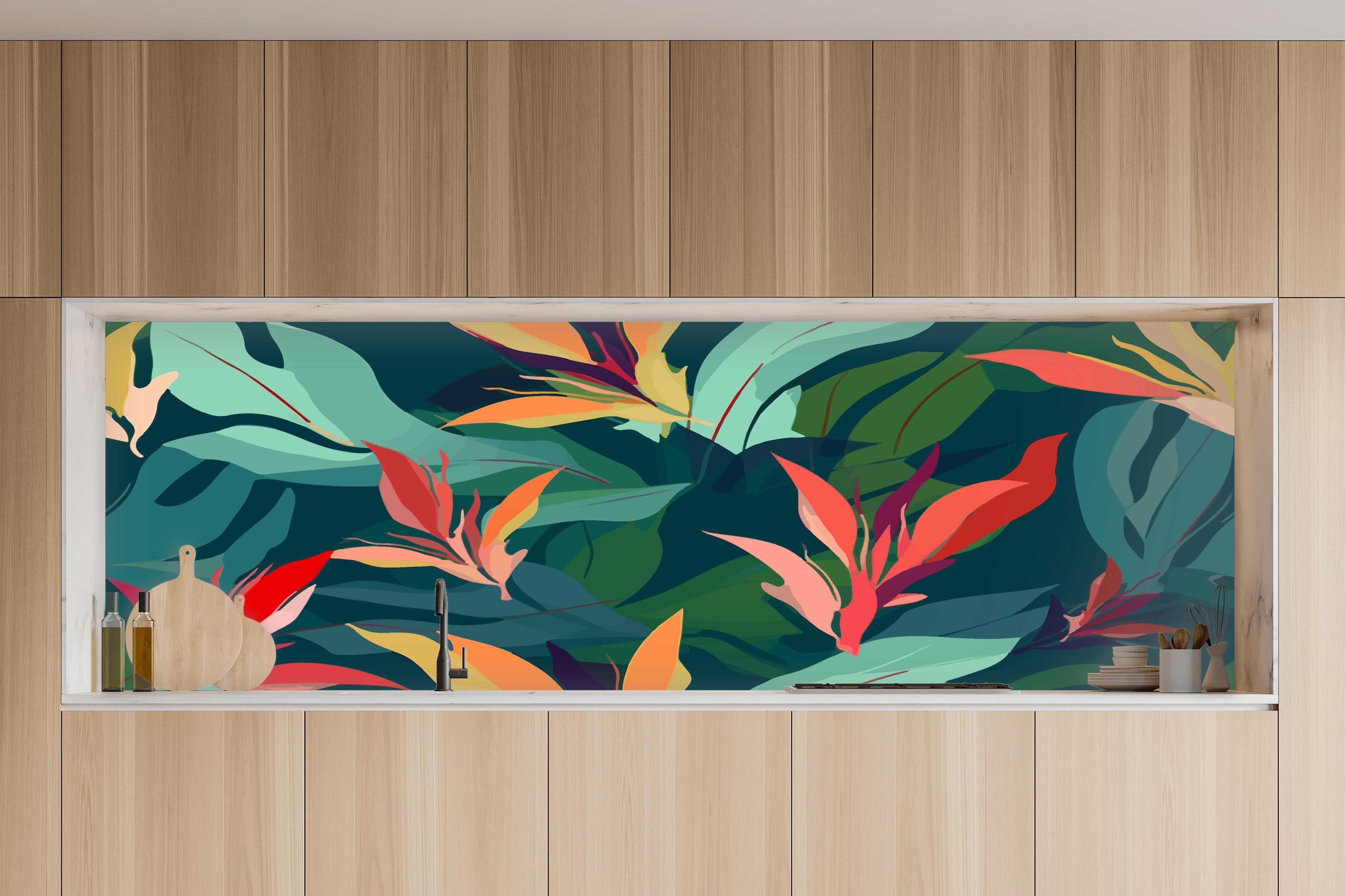 Küche - Tropisches Blütenblattmuster Grün-Türkis in charakteristischer Vollholz-Küche mit modernem Gasherd