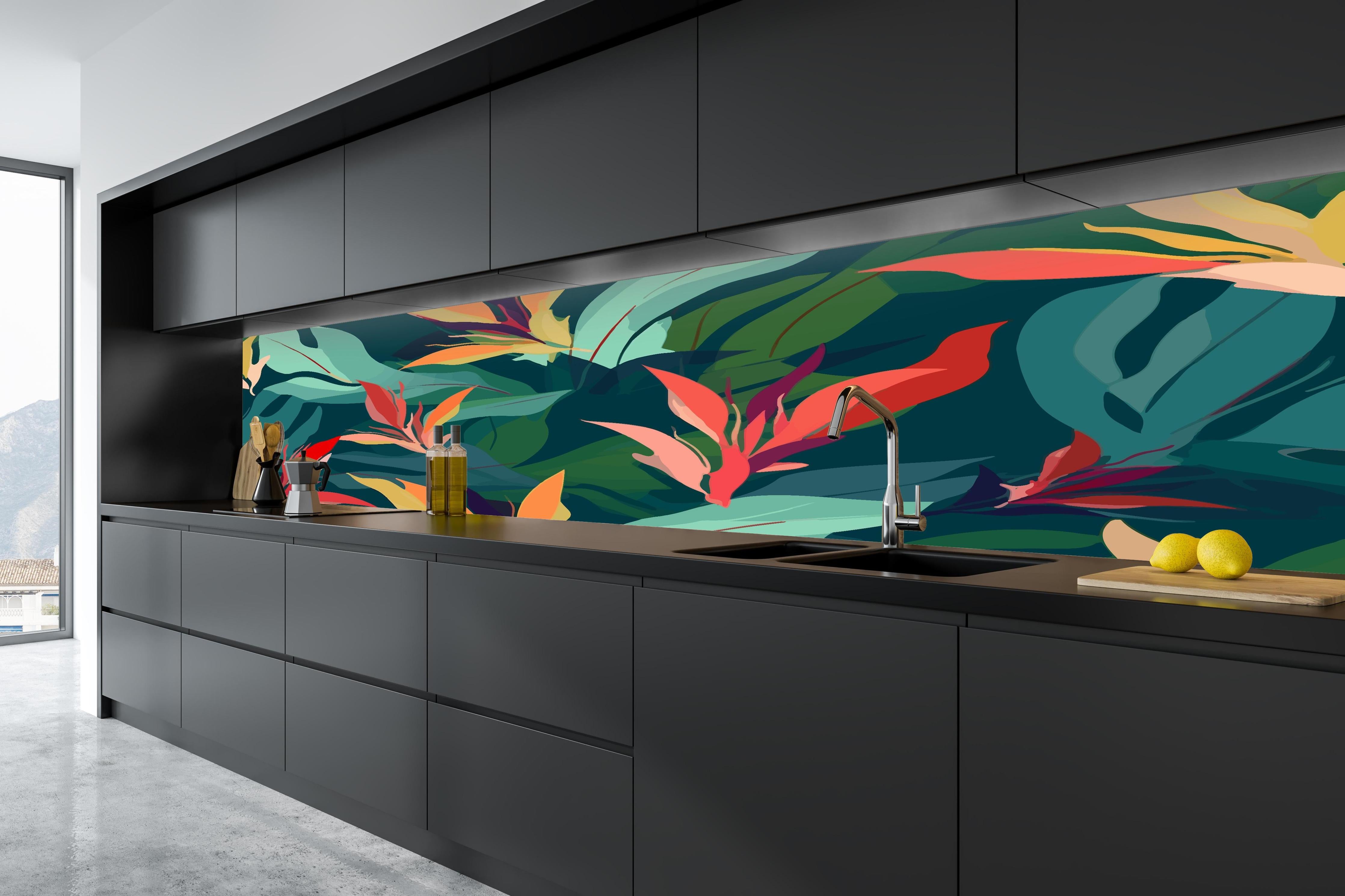 Küche - Tropisches Blütenblattmuster Grün-Türkis in tiefschwarzer matt-premium Einbauküche