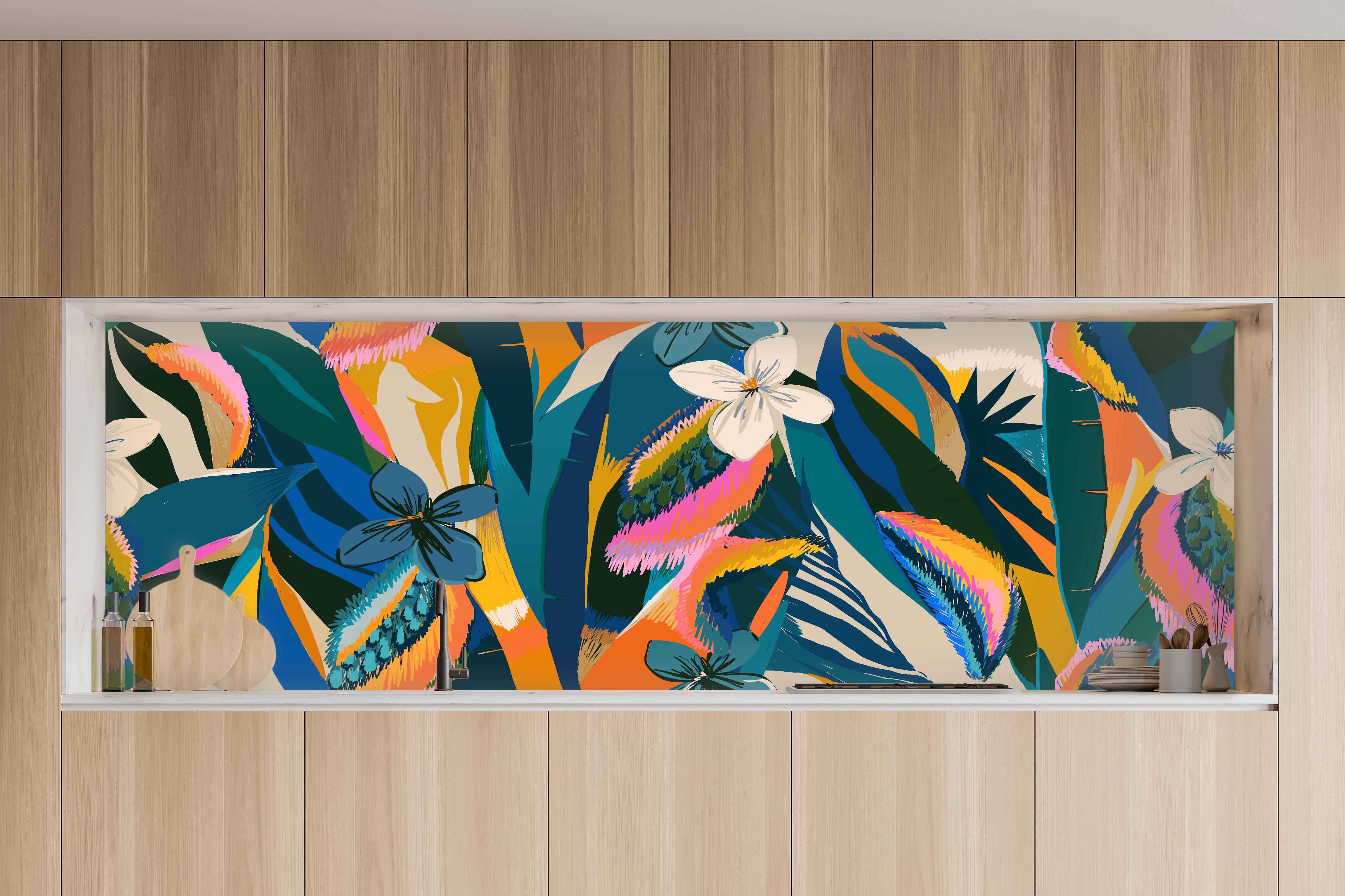 Küche - Tropisches Blumenmuster Blau-Orange in charakteristischer Vollholz-Küche mit modernem Gasherd