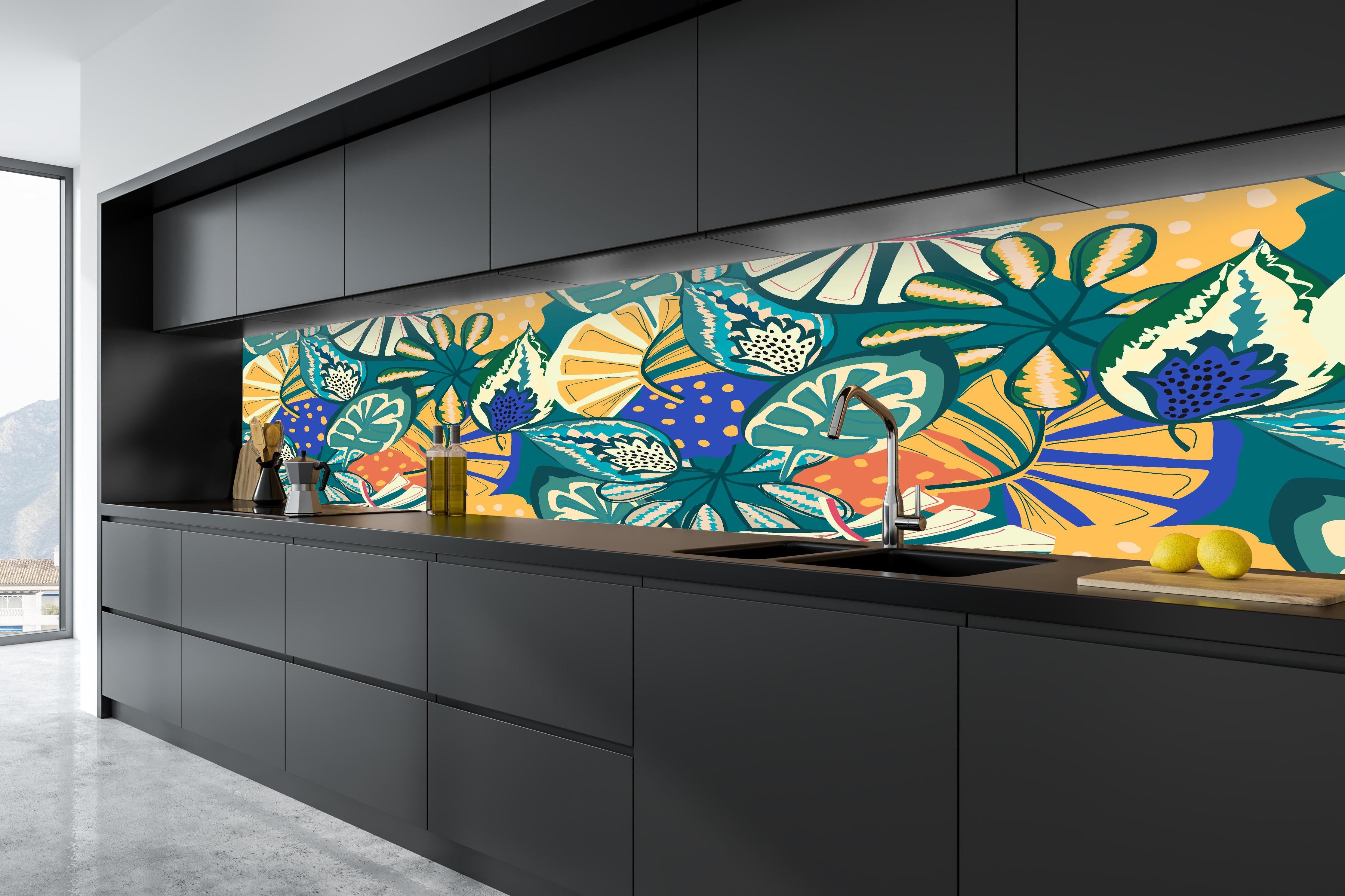 Küche - Tropisches Blumenmuster Türkis in tiefschwarzer matt-premium Einbauküche
