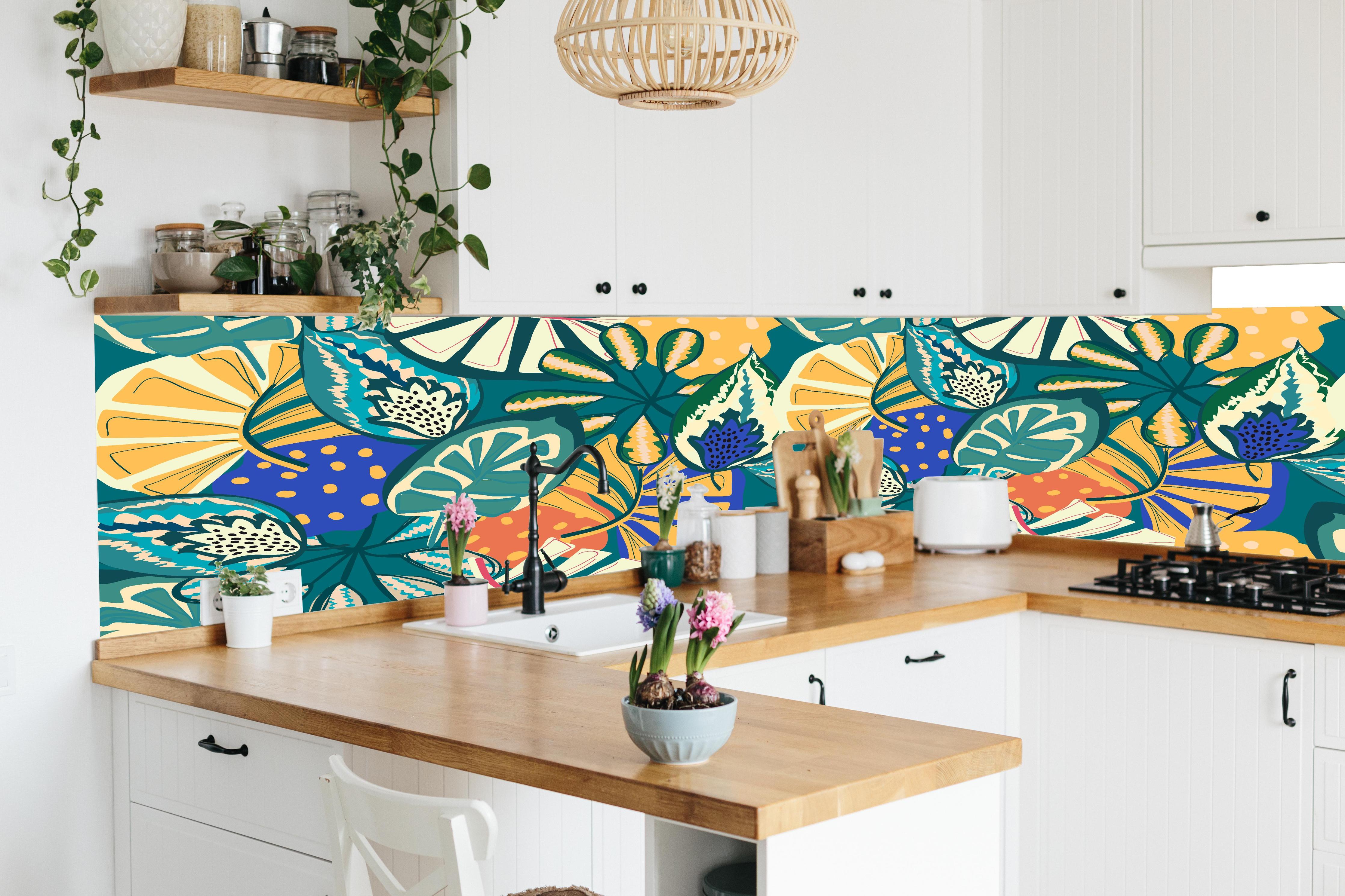 Küche - Tropisches Blumenmuster Türkis in lebendiger Küche mit bunten Blumen