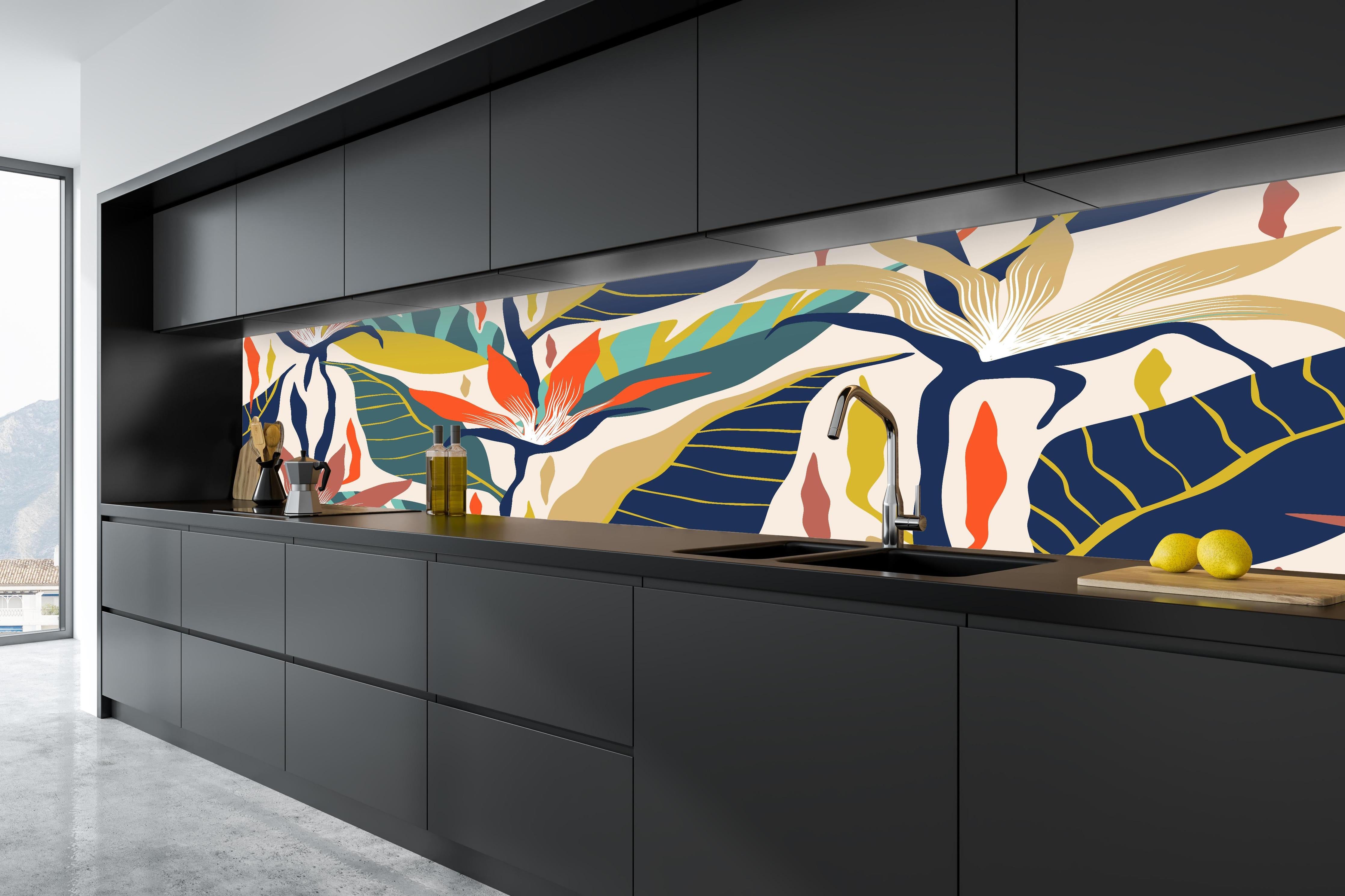 Küche - Tropisches Botanik-Muster Blau-Gelb in tiefschwarzer matt-premium Einbauküche
