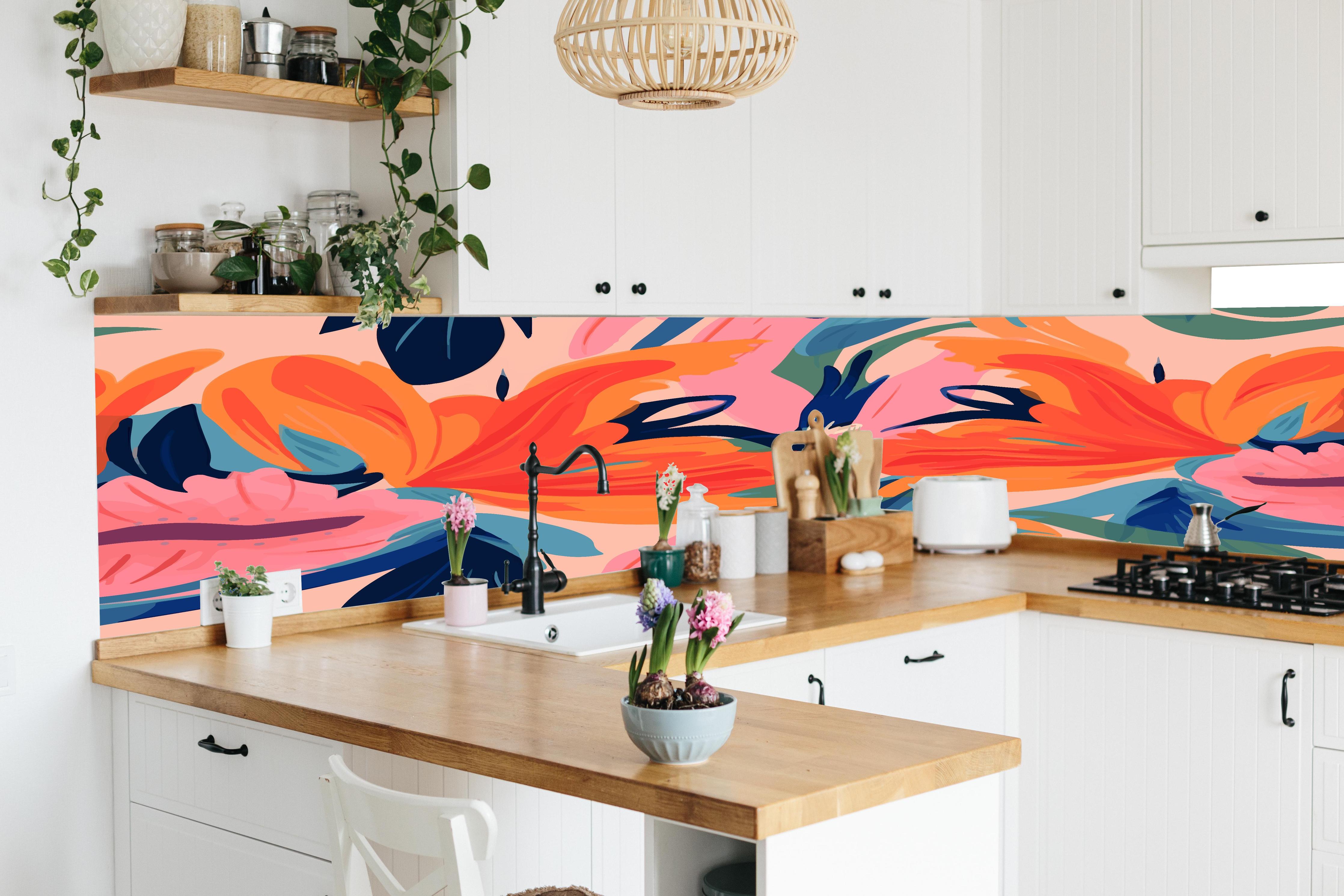 Küche - Tropisches Dämmerungs-Blumenmuster in lebendiger Küche mit bunten Blumen
