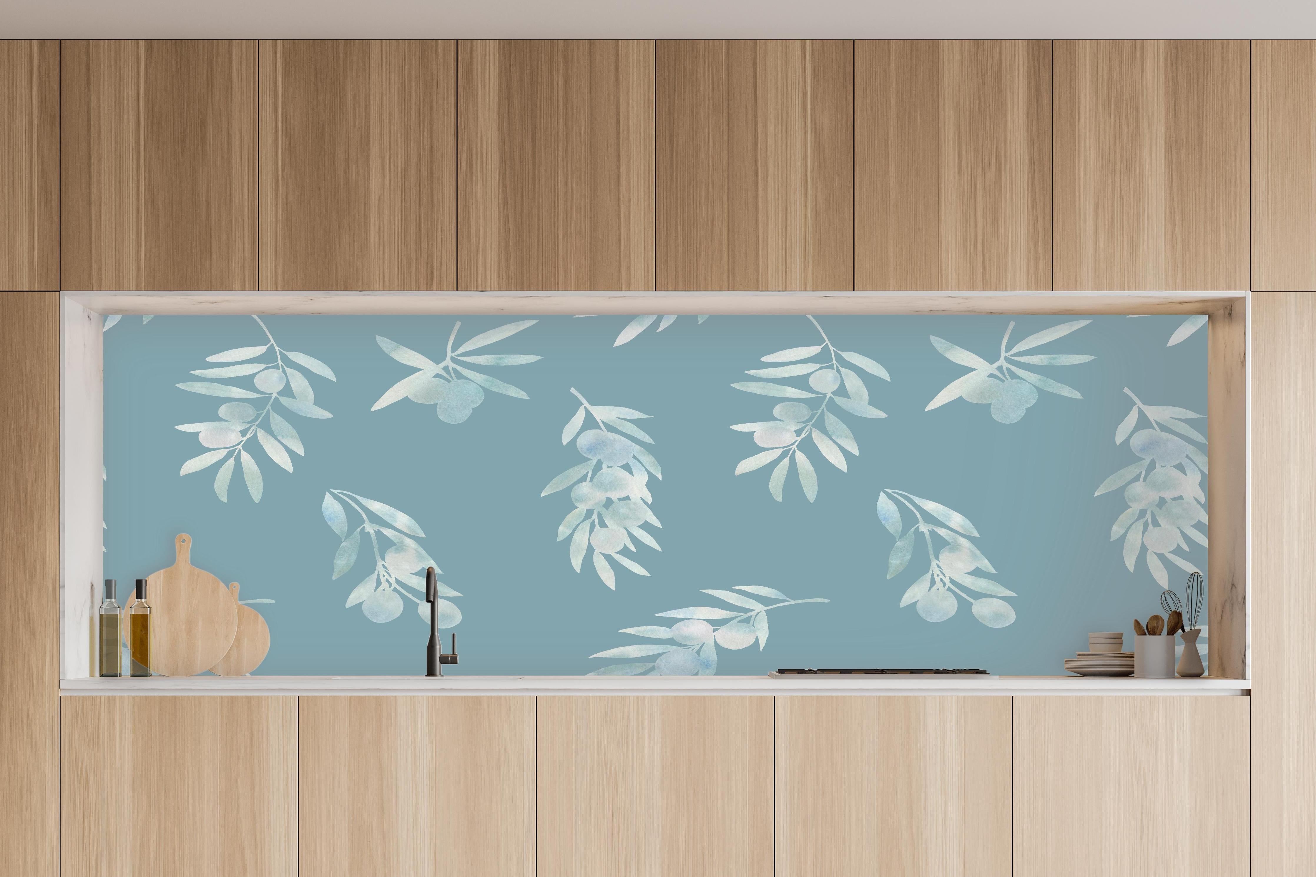 Küche - Türkis Olivenzweige Muster in charakteristischer Vollholz-Küche mit modernem Gasherd