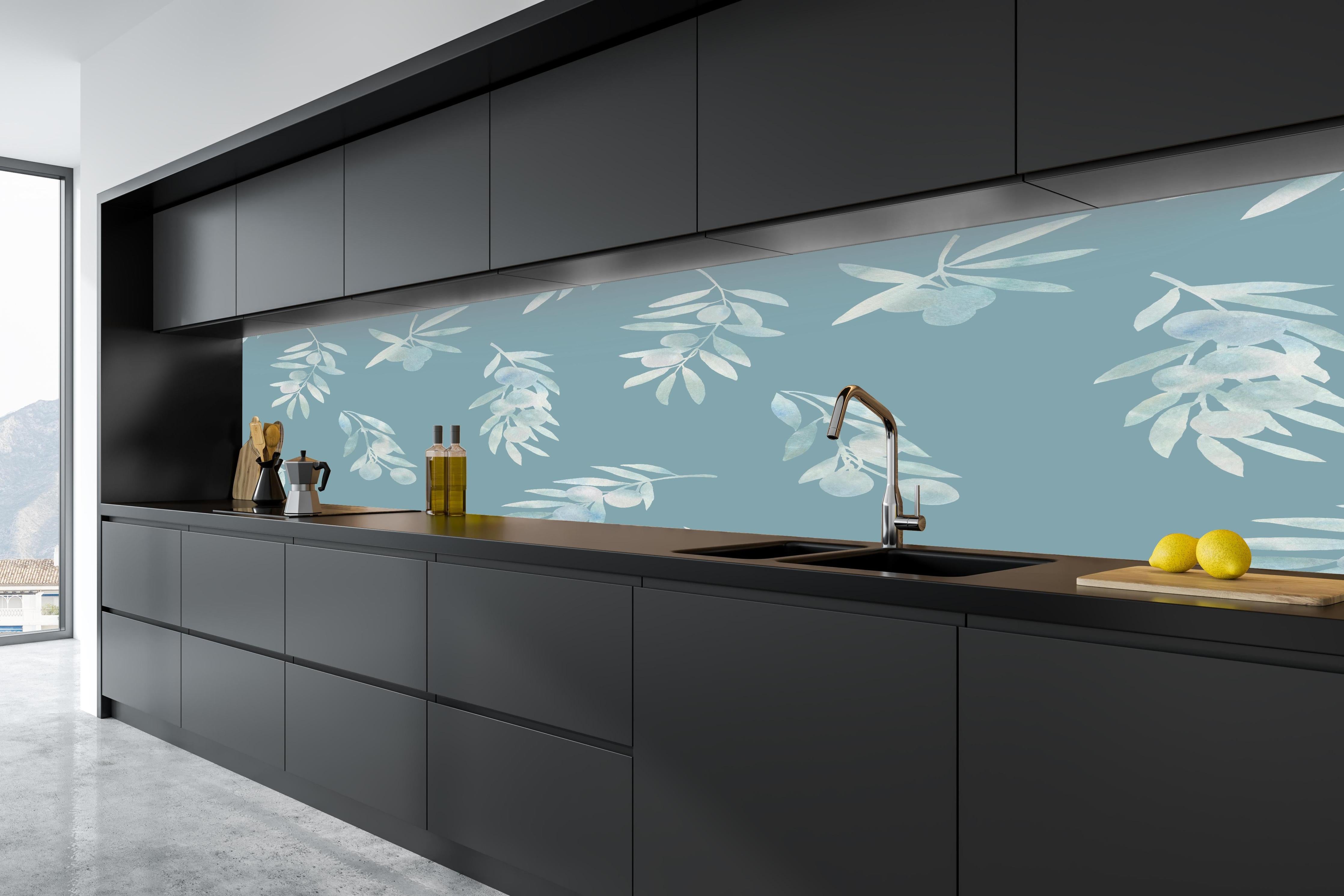 Küche - Türkis Olivenzweige Muster in tiefschwarzer matt-premium Einbauküche