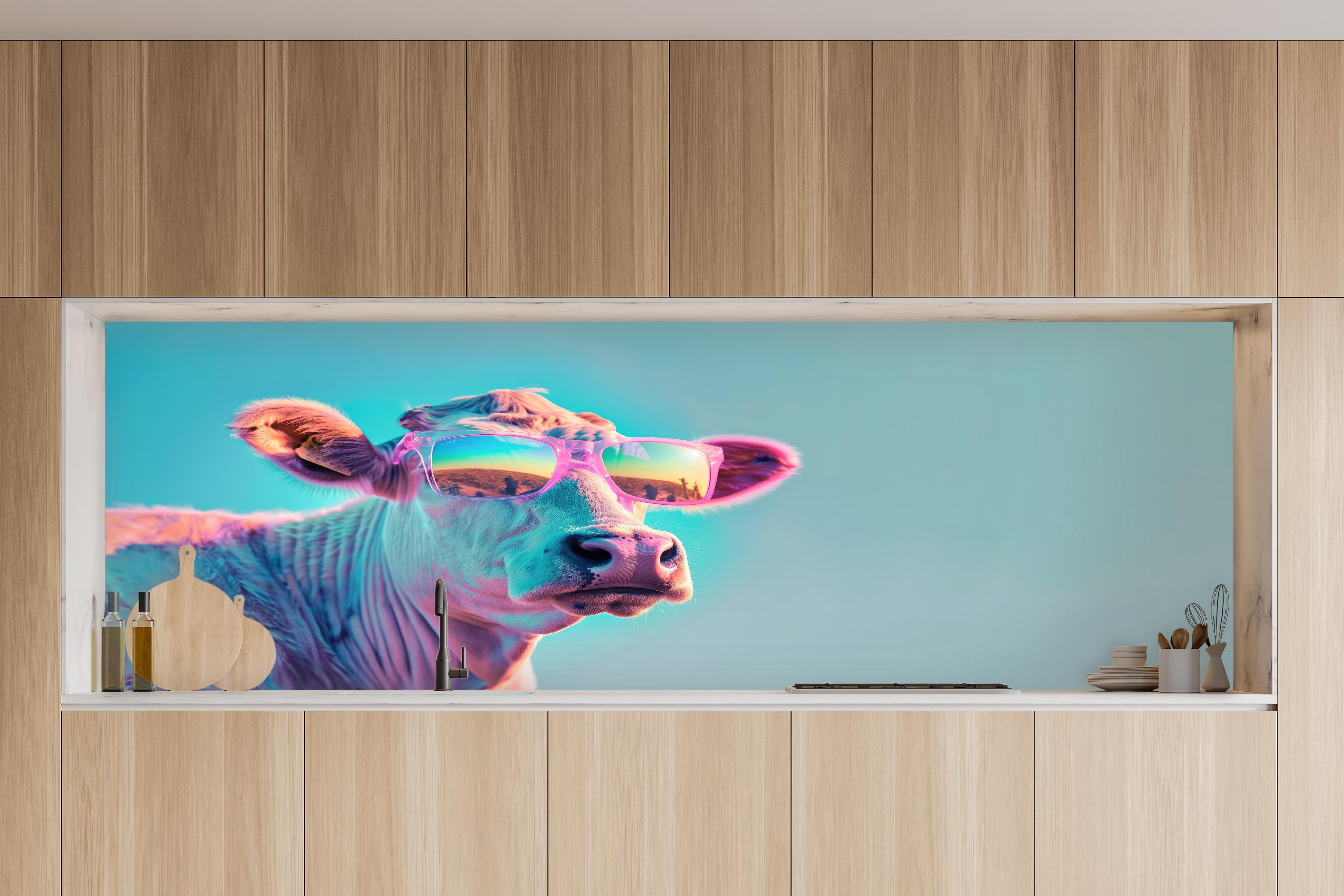 Küche - Türkis-Pastell-Kuh mit Sonnenbrille in charakteristischer Vollholz-Küche mit modernem Gasherd