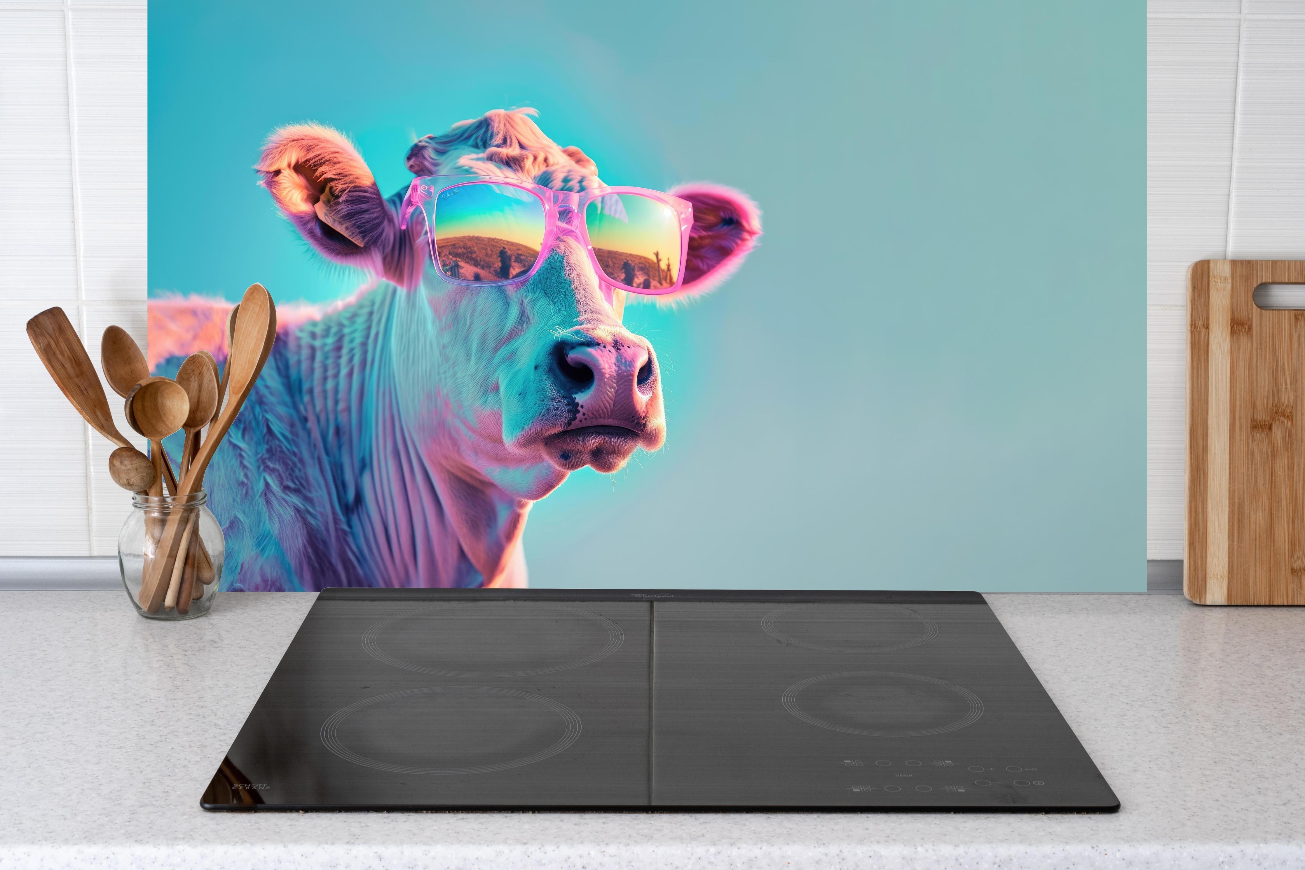 Küche - Türkis-Pastell-Kuh mit Sonnenbrille hinter Cerankochfeld und Holz-Kochutensilien