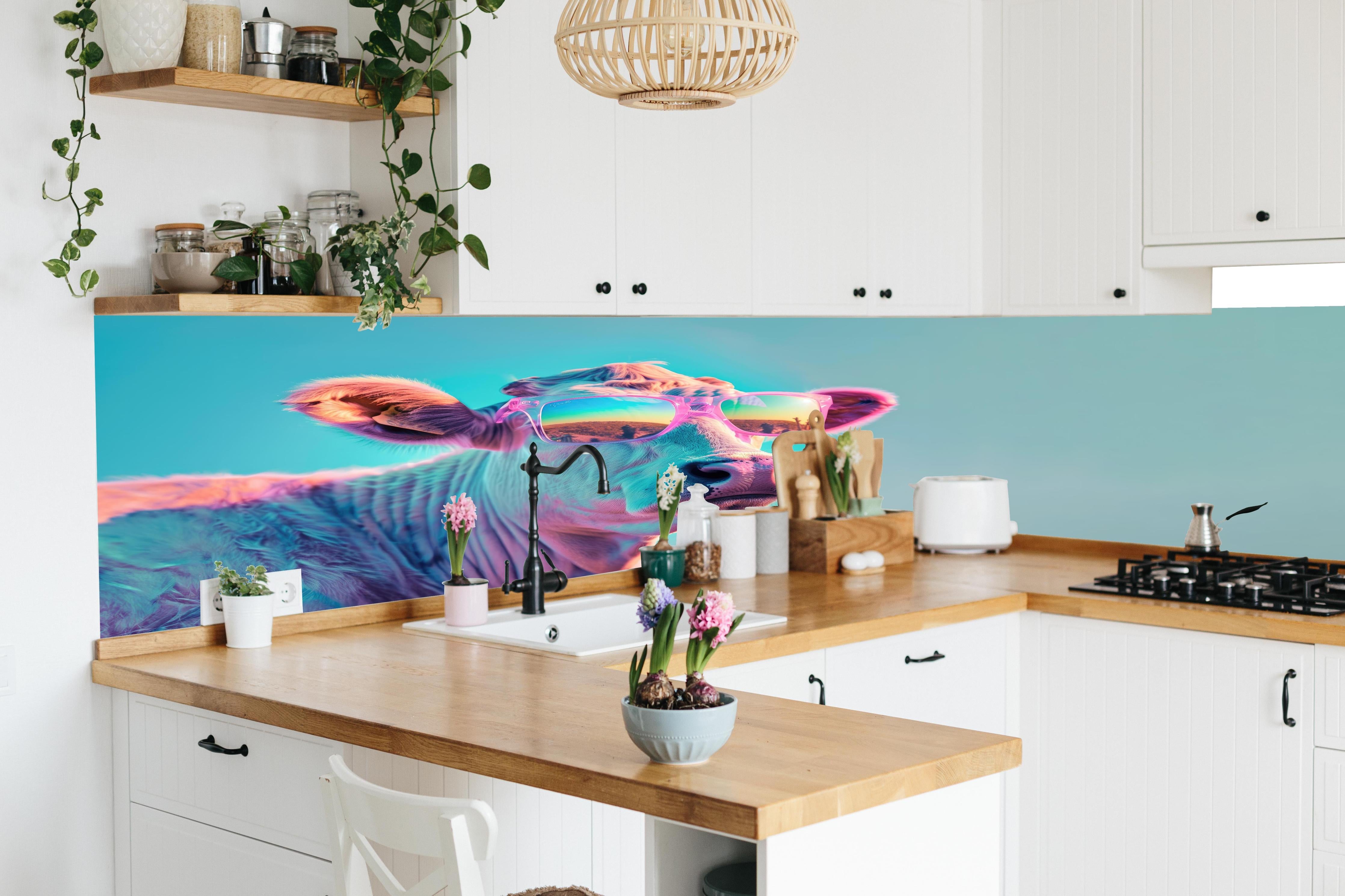 Küche - Türkis-Pastell-Kuh mit Sonnenbrille in lebendiger Küche mit bunten Blumen