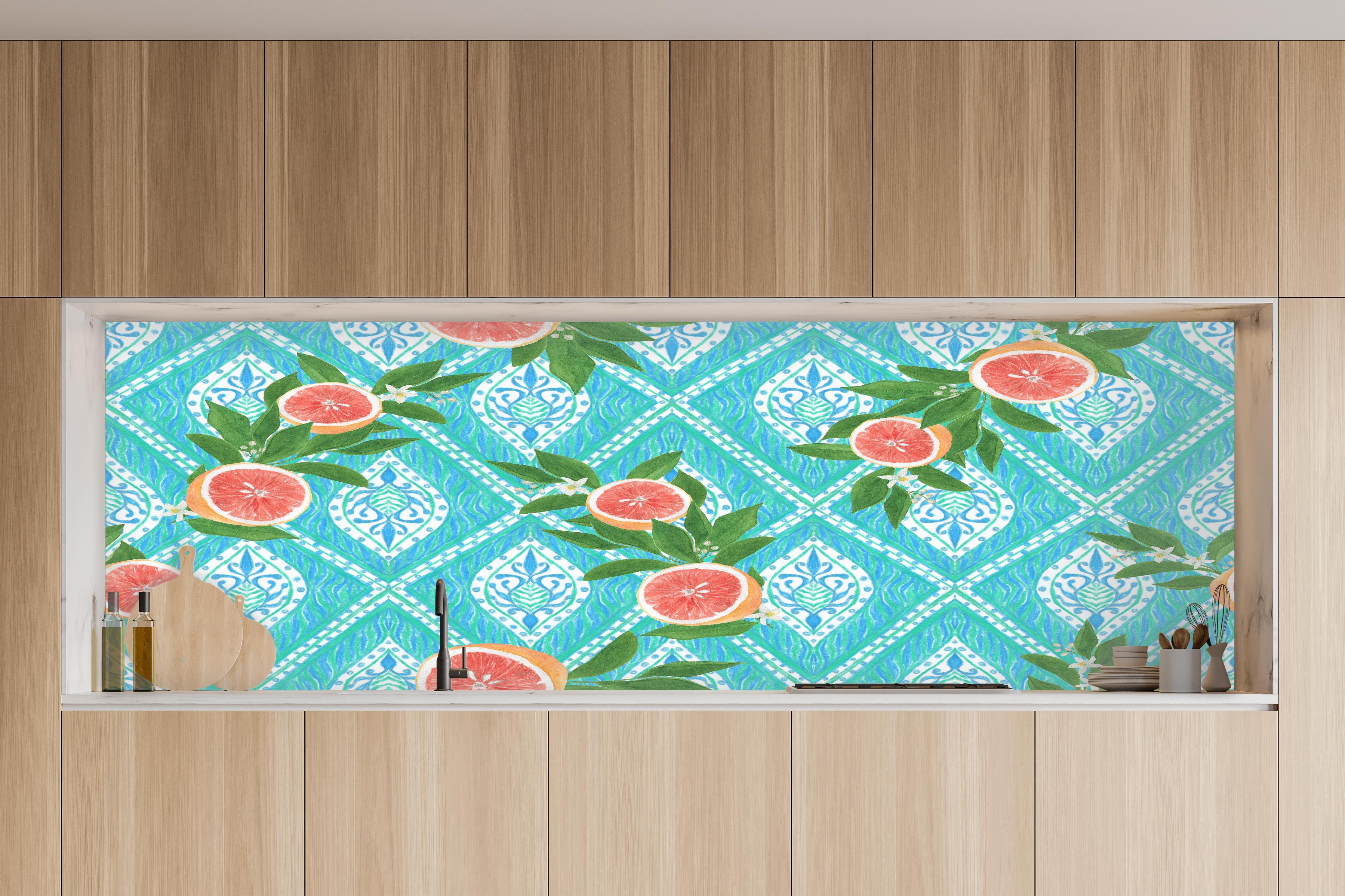 Küche - Türkis Zitrus Grapefruit Muster in charakteristischer Vollholz-Küche mit modernem Gasherd