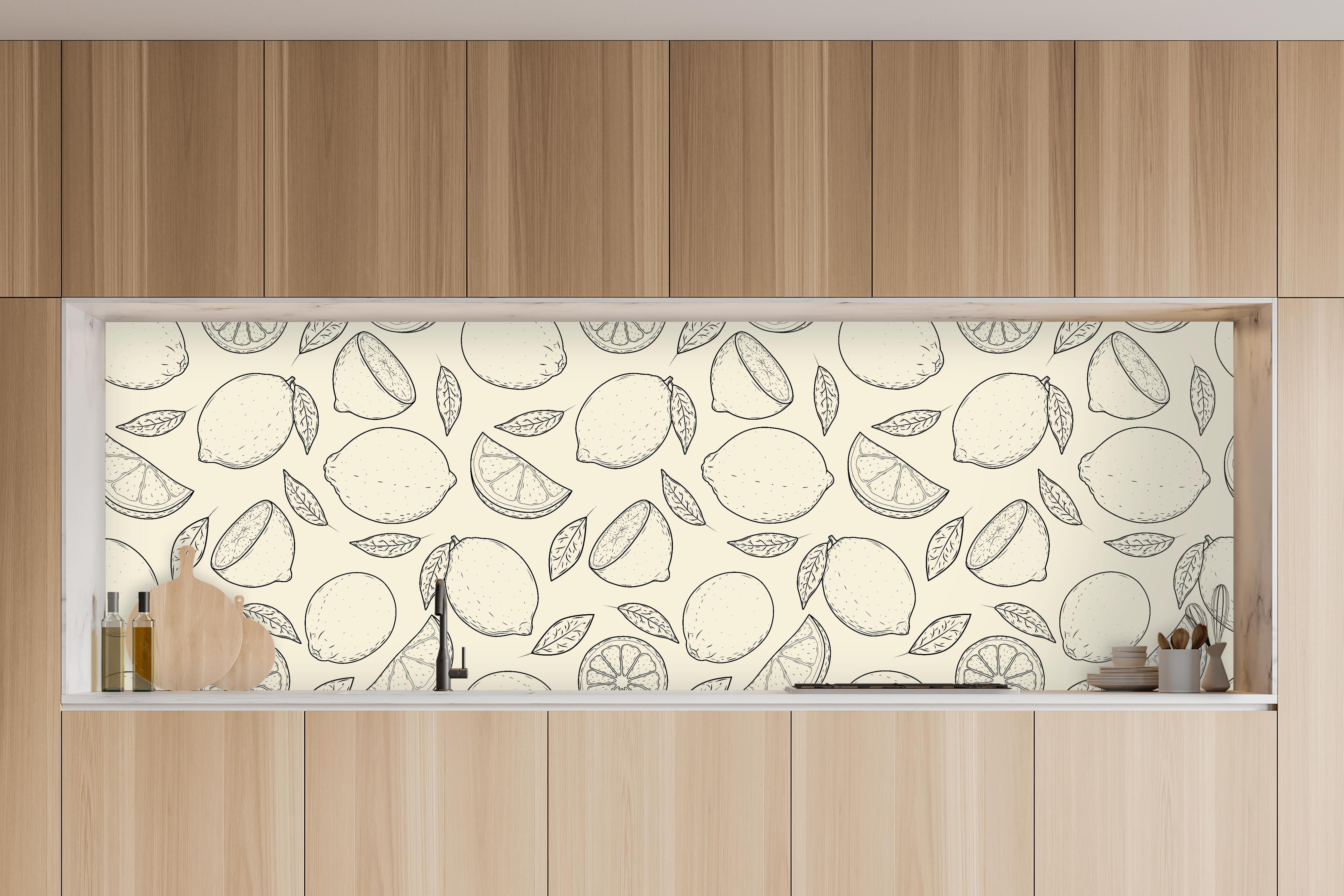 Küche - Urban Lemon Zitronen-Muster Beige in charakteristischer Vollholz-Küche mit modernem Gasherd