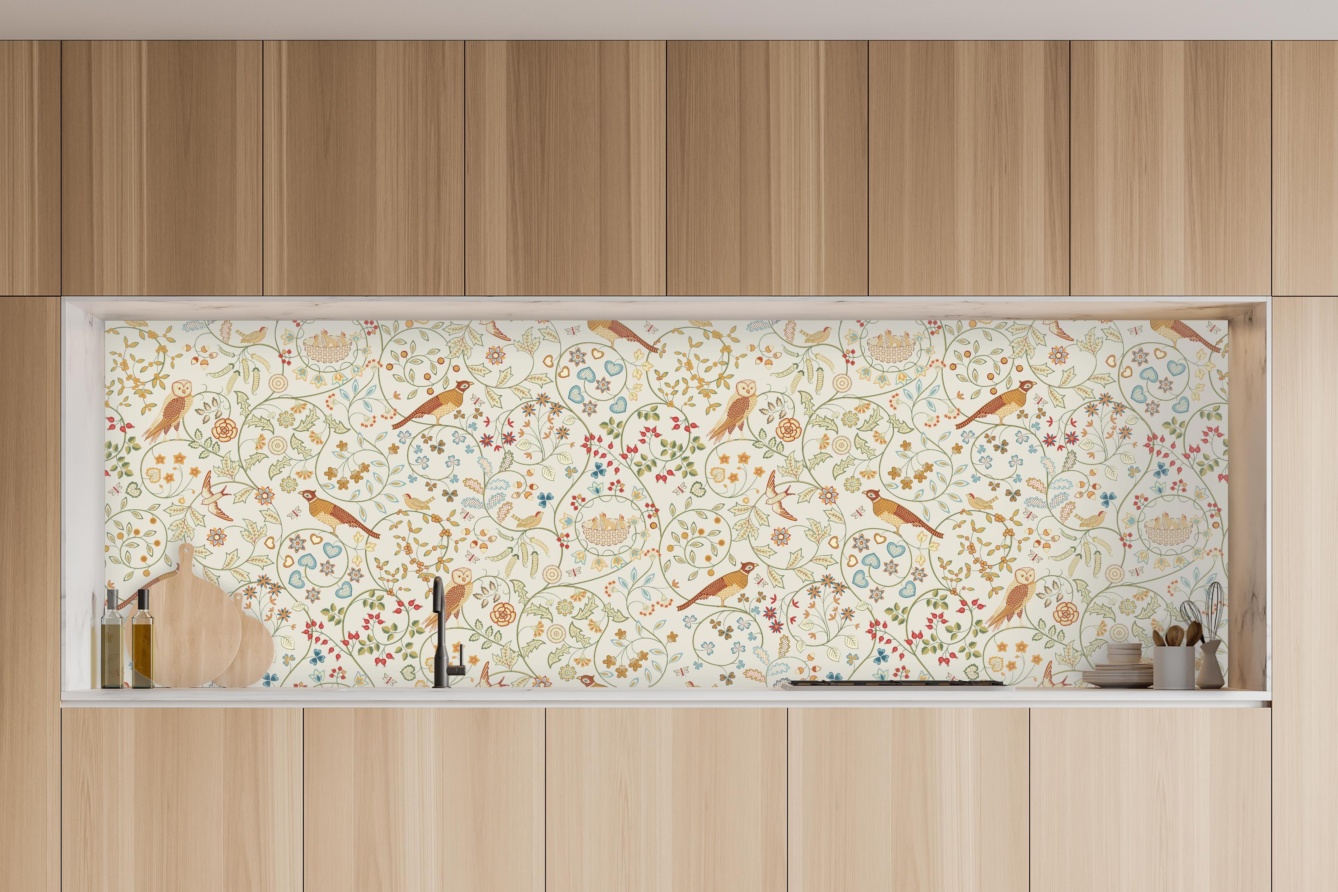 Küche - Vintage Bloom Blumenmuster Beige in charakteristischer Vollholz-Küche mit modernem Gasherd