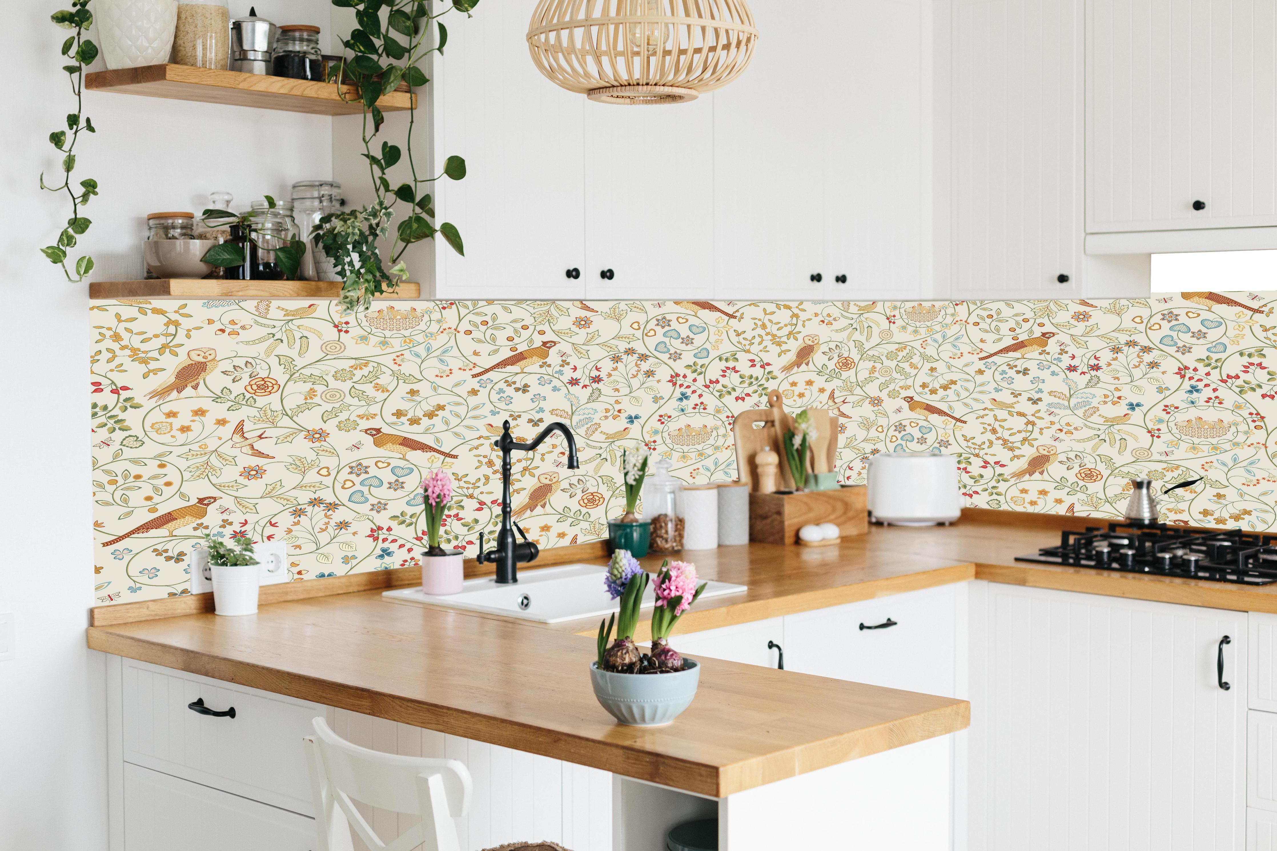Küche - Vintage Bloom Blumenmuster Beige in lebendiger Küche mit bunten Blumen