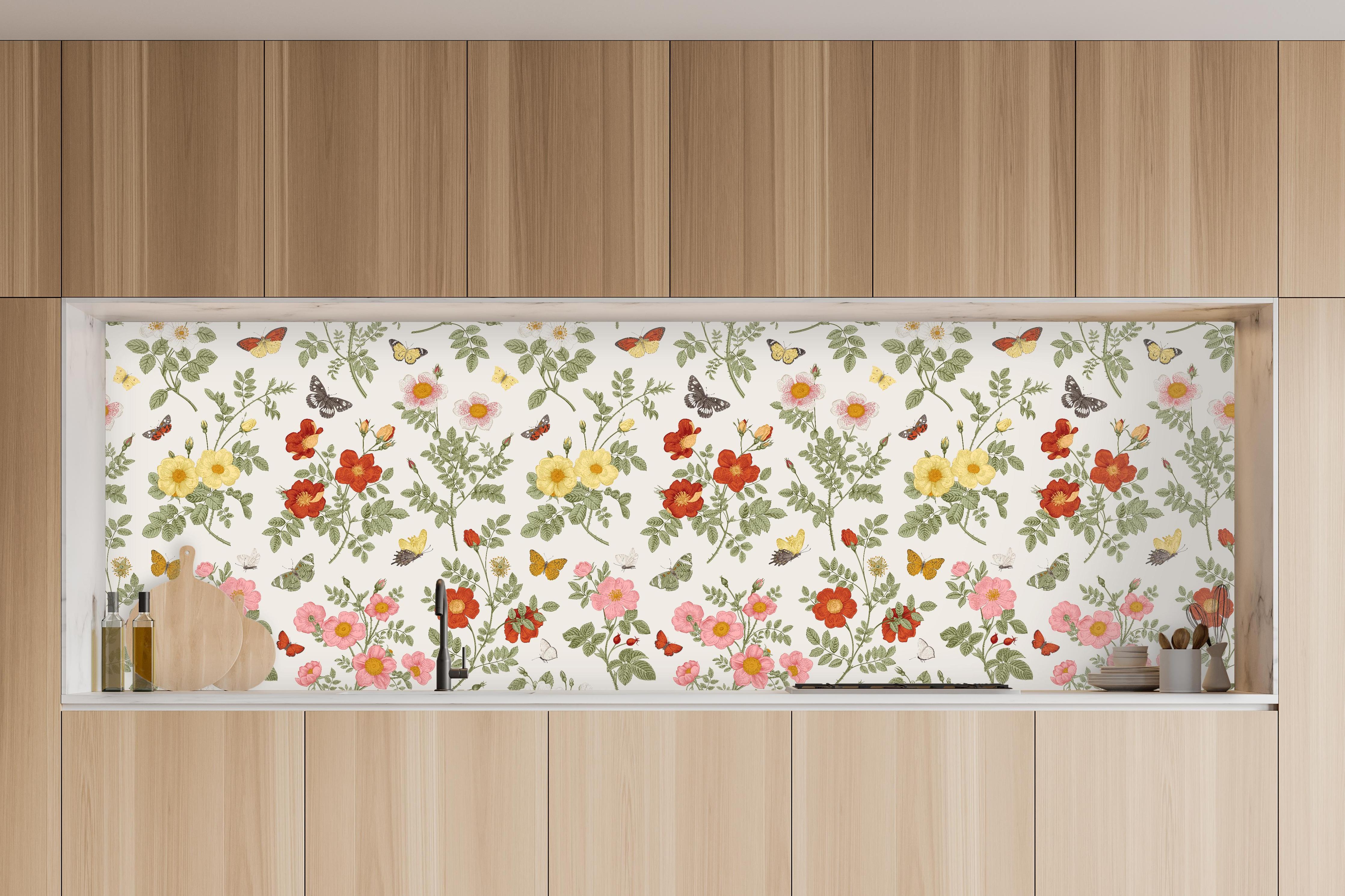 Küche - Vintage Bloom Blumenmuster Rosa-Beige in charakteristischer Vollholz-Küche mit modernem Gasherd