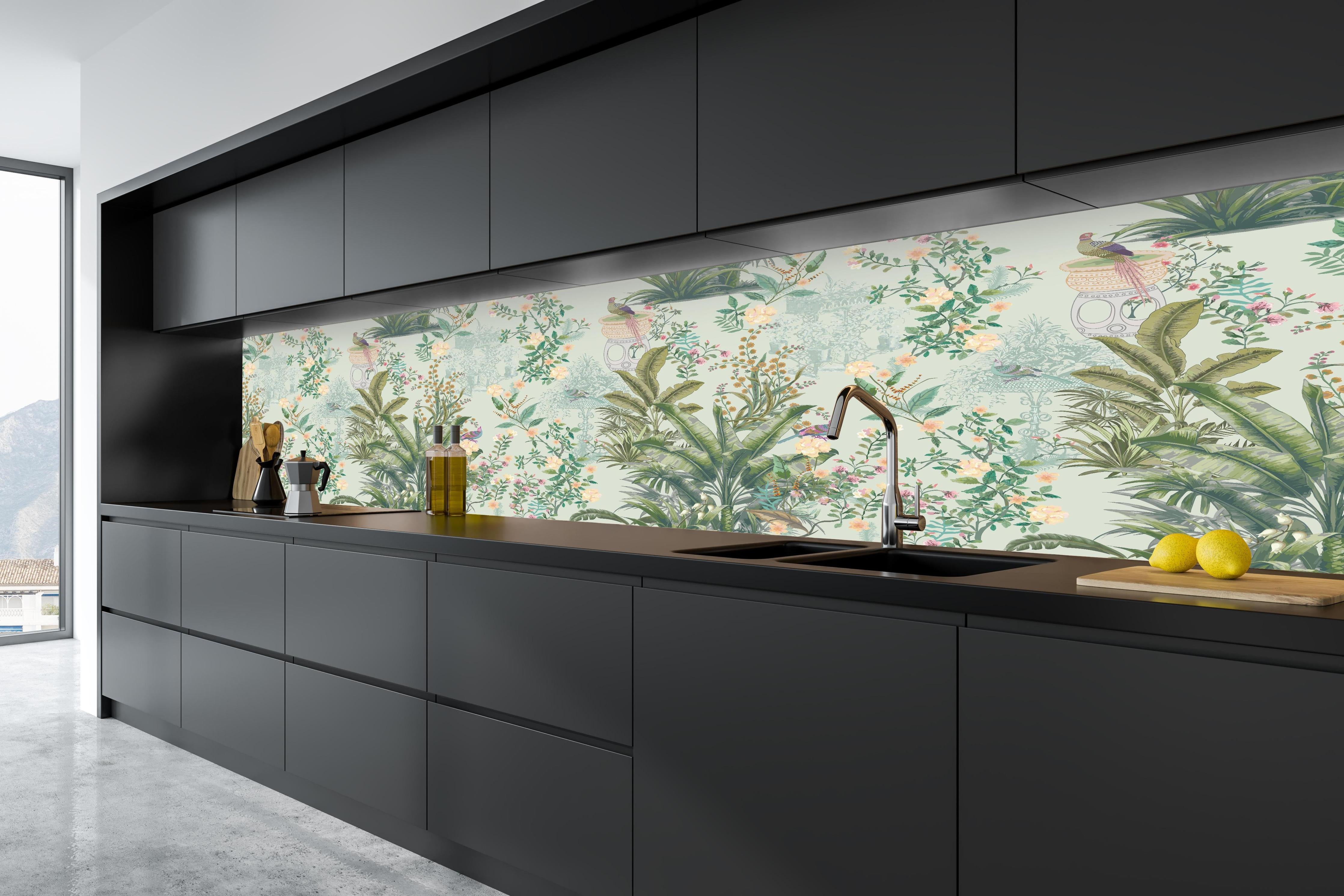 Küche - Vintage Bloom Grünes Refugium in tiefschwarzer matt-premium Einbauküche