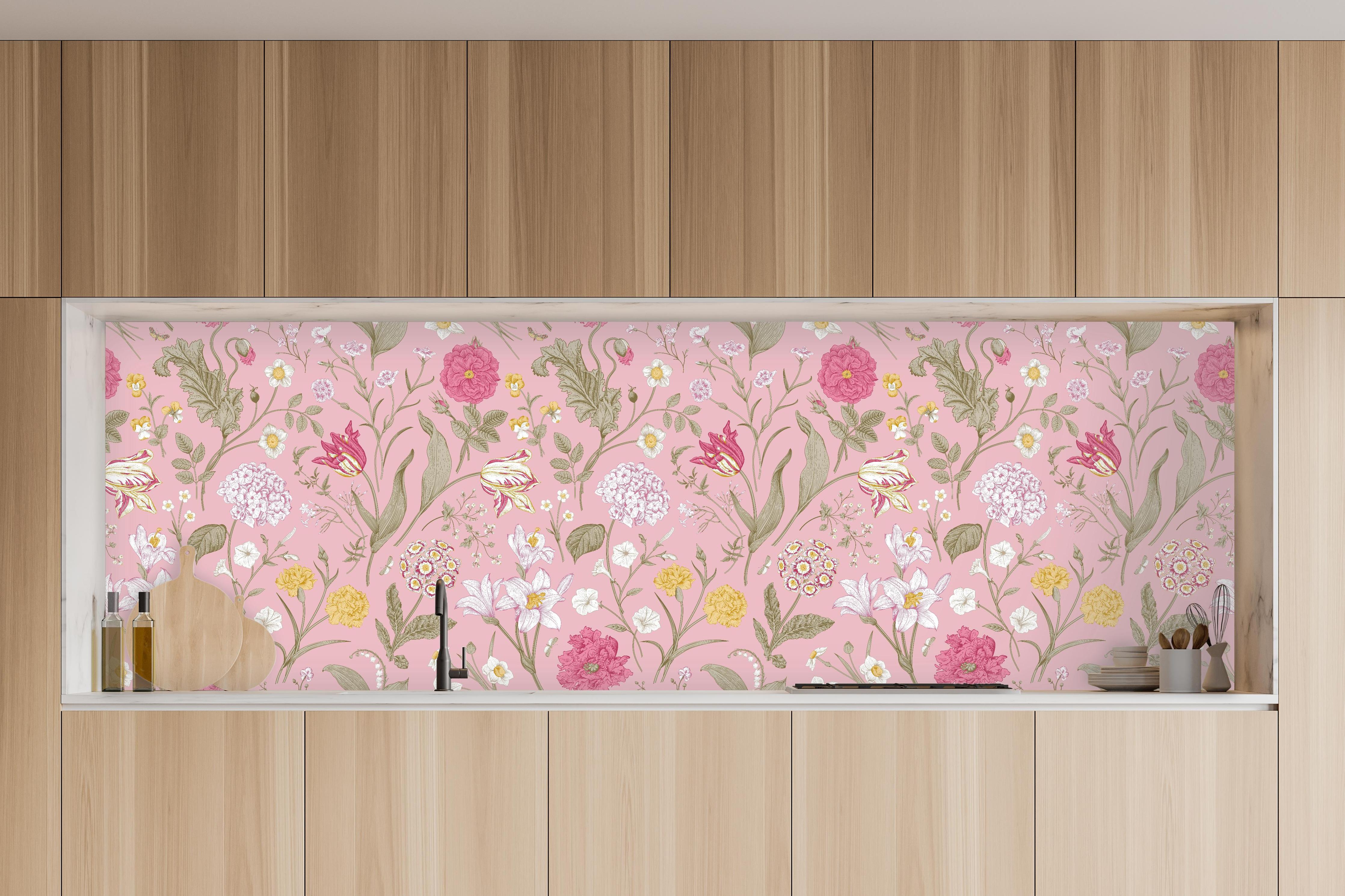 Küche - Vintage Bloom Rosa Blumenmuster in charakteristischer Vollholz-Küche mit modernem Gasherd