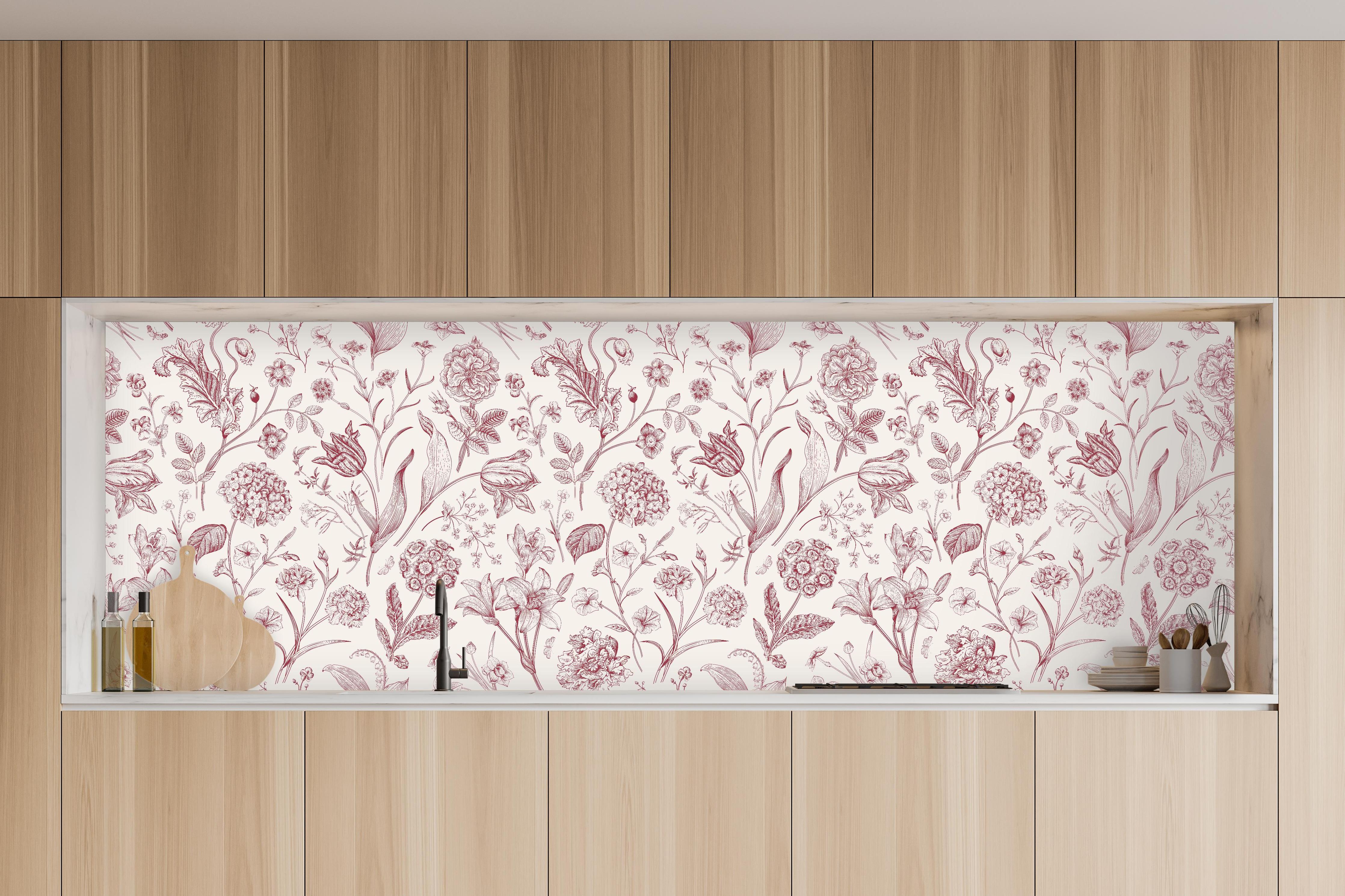 Küche - Vintage Bloom Rosa-Muster in charakteristischer Vollholz-Küche mit modernem Gasherd