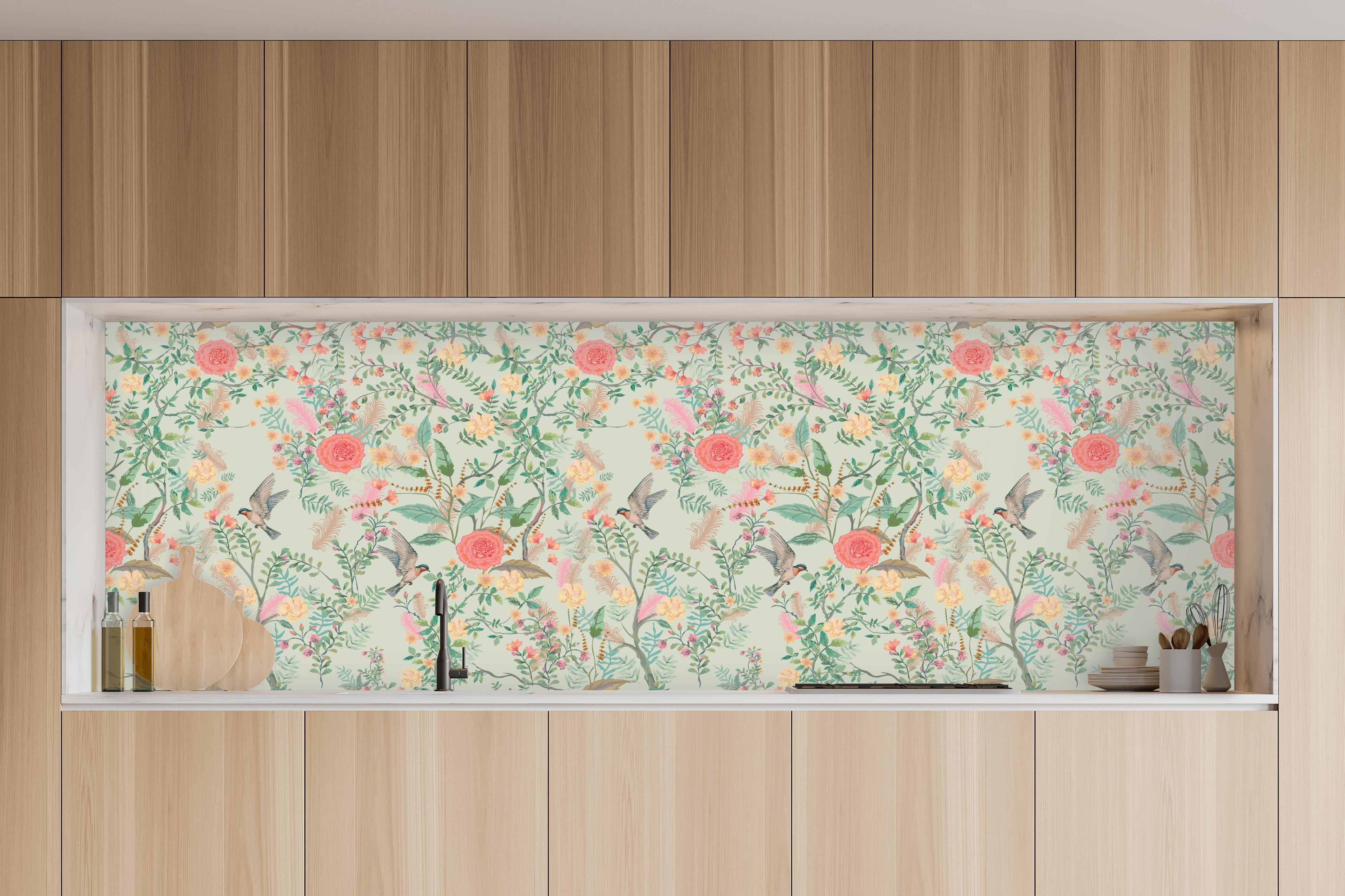Küche - Vintage-Blumenmuster Grün-Rosa in charakteristischer Vollholz-Küche mit modernem Gasherd
